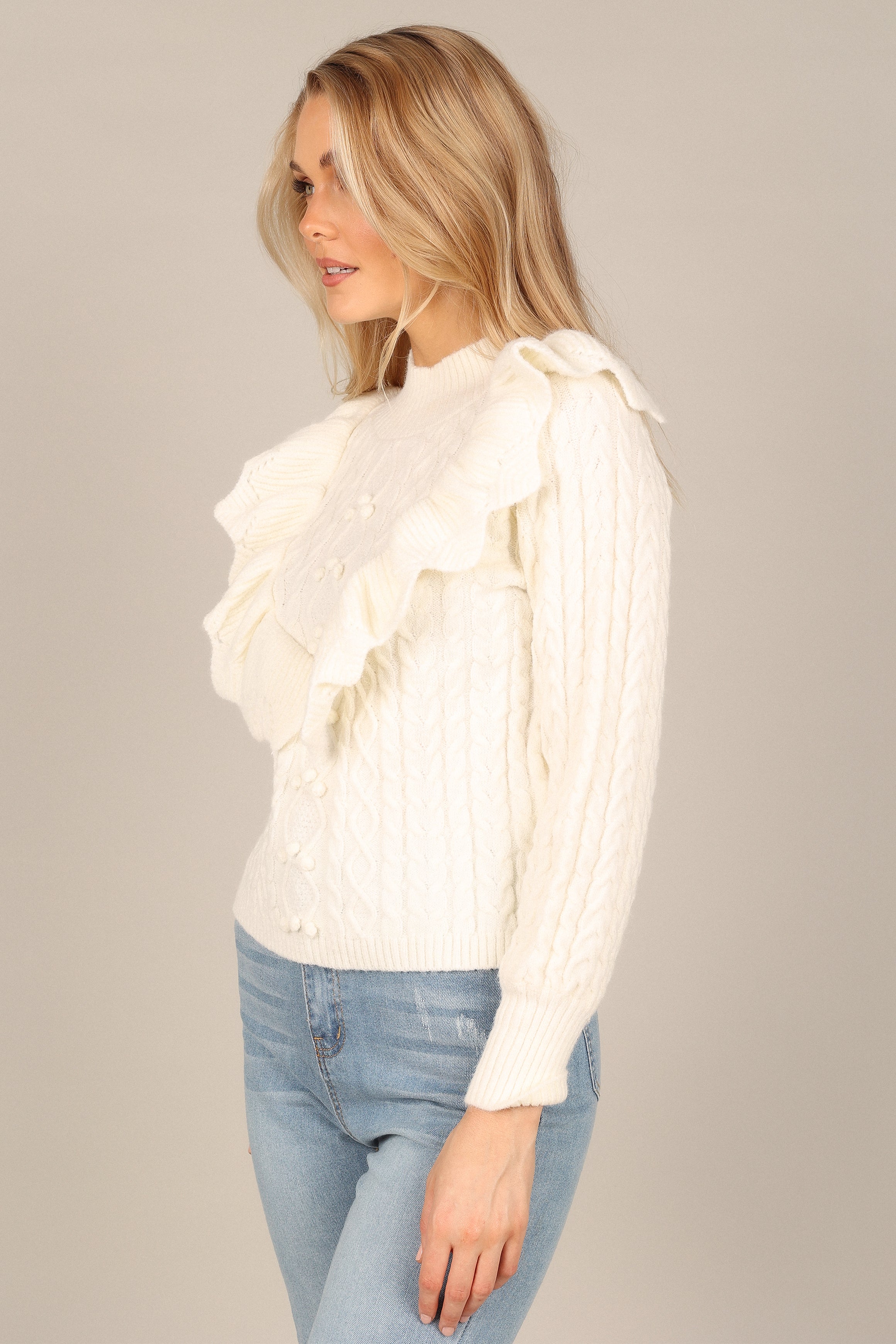 Annette Frilled Knit Sweater Women's Ivory - Elegant Lace Trim Cardigan for Fall & Winter | Perfect for Office, Date Night & Casual Outings