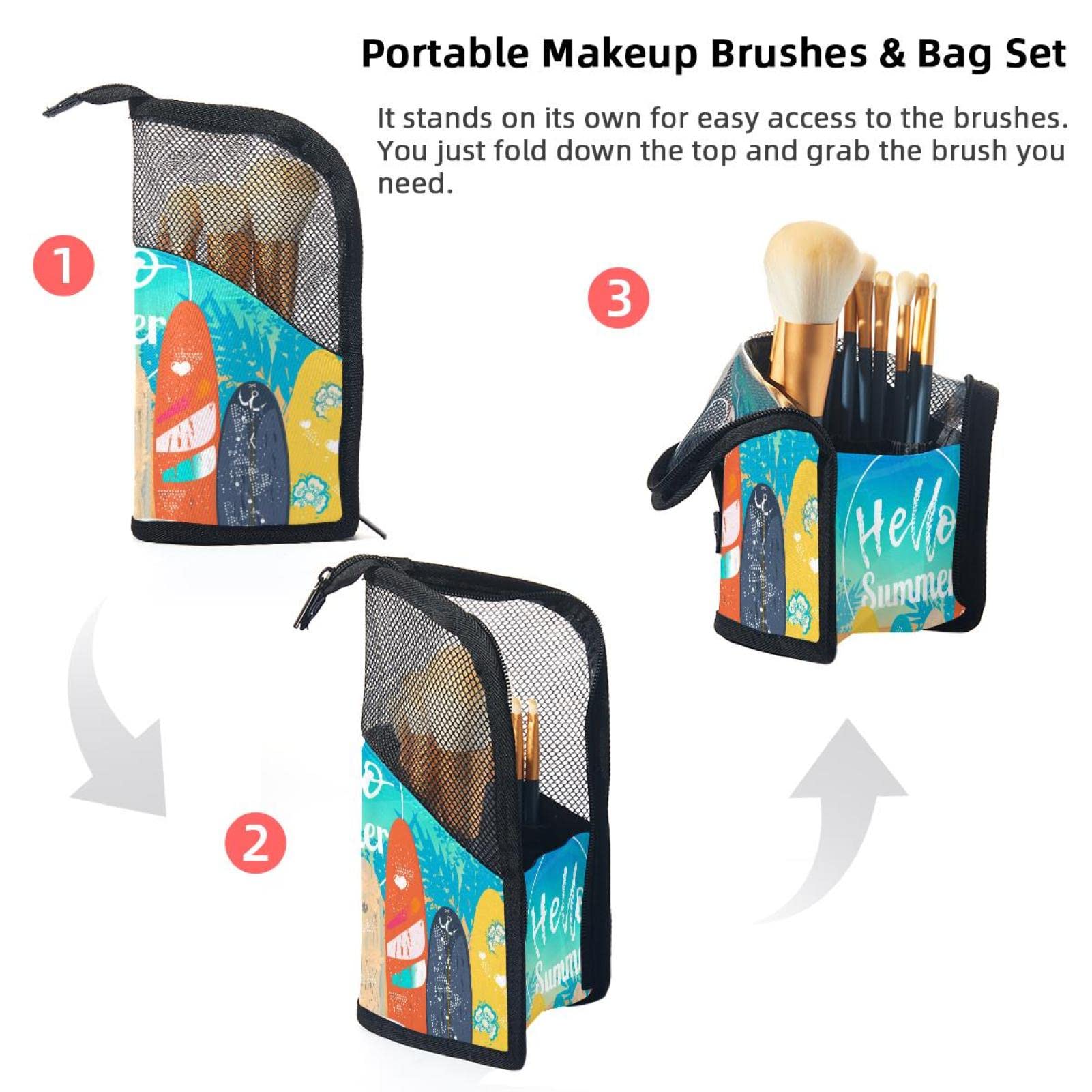 12-Piece Makeup Brush Organizer Bag with Portable Case - Hello Summer Surfboard Beach Design - Perfect for Travel, Home Storage & On-the-Go Touch Ups