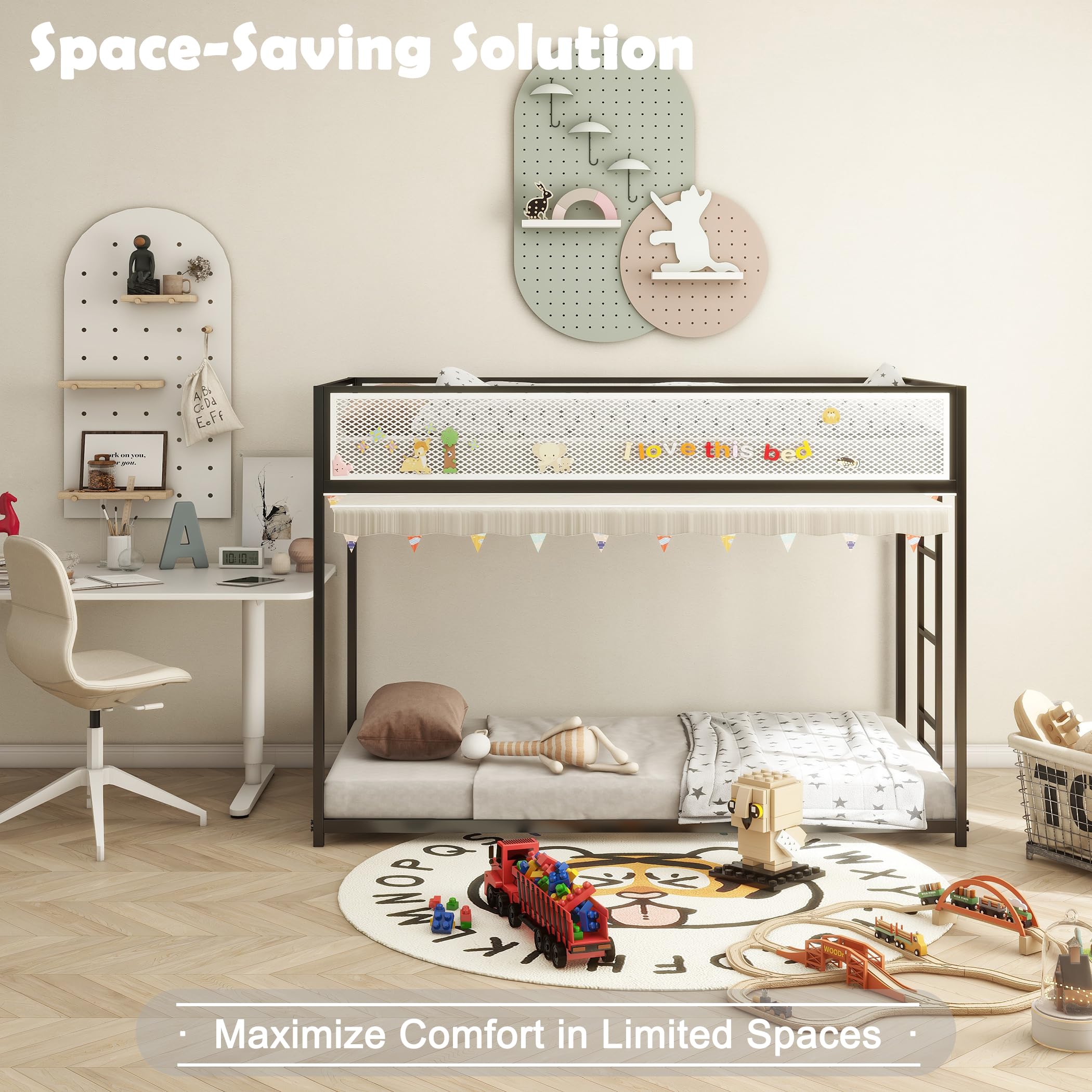 LifeSky Twin Over Twin Metal Bunk Bed for Kids - Space Saving Low Profile Bunk Bed with Ladder for Boys & Girls Aged 6-12 - Perfect for Small Bedrooms, Shared Rooms & Kids' Sleepovers