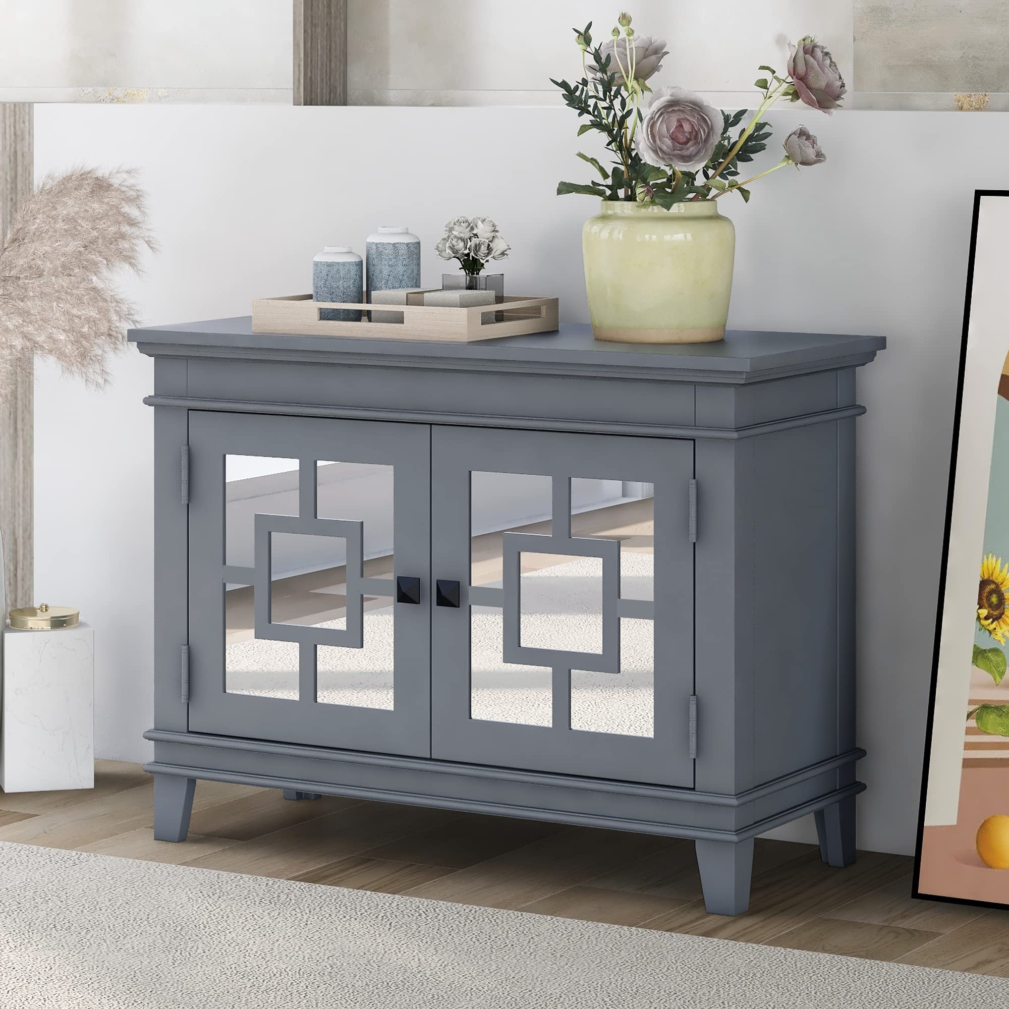 Modern Mirrored Nightstand with Storage - Solid Wood Accent Cabinet with Decorative Mirror Doors, 2-Door Side Table for Bedroom, Living Room & Entryway (Gray) | Perfect for Small Spaces, Apartment Decor & Bedside Organization