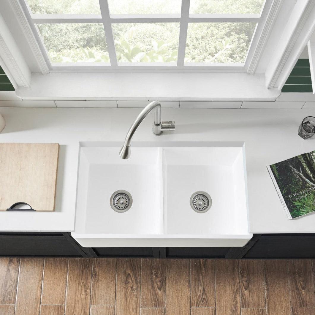 Kingston Brass 36-Inch Solid Surface Double Bowl Farmhouse Kitchen Sink in Matte White | Durable & Stylish for Modern Kitchens | Perfect for Cooking, Cleaning & Entertaining
