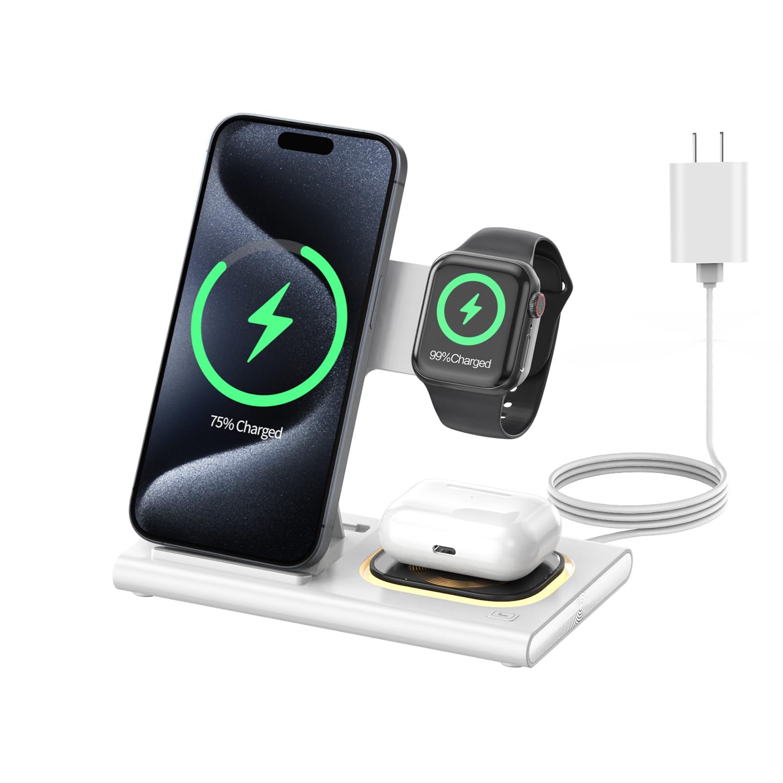 3-in-1 Foldable Wireless Charging Station for iPhone 16/15/14/13/12/11 Series, Apple Watch & AirPods 4/3/2/Pro/Pro 2 - Fast Charging Stand with Night Light (White) | Perfect for Bedside, Office & Travel Use