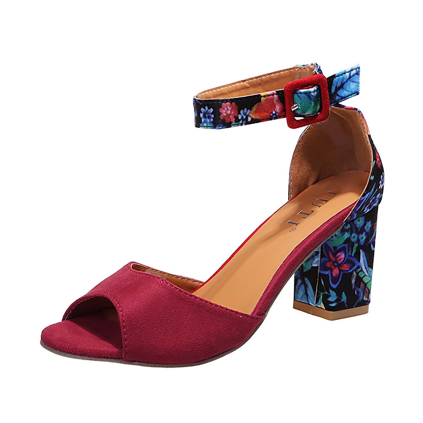 Women's Floral Chunky Heel Sandals - Ankle Strap Buckle Open Toe High Heels - Summer Comfort Casual Shoes for Jeans & Dresses - Perfect for Parties, Weddings & Date Nights