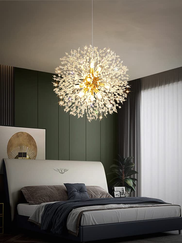 12-Light Modern Gold Crystal Chandelier - Dandelion Firework Design Ceiling Light Fixture for Bedroom, Dining Room & Living Room | Elegant Home Decor Lighting for Weddings, Parties & Luxury Interiors