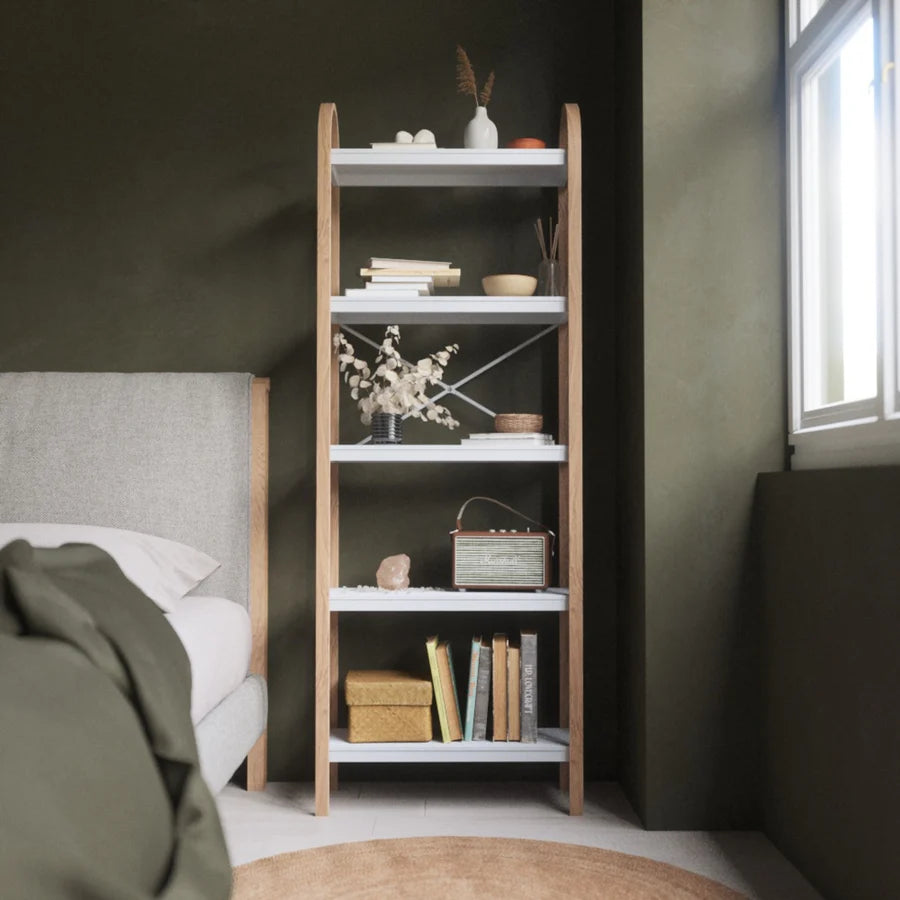 Bellwood 5-Tier Freestanding Shelf - White/Natural Wood - Perfect for Living Room, Bedroom, or Office Storage & Organization