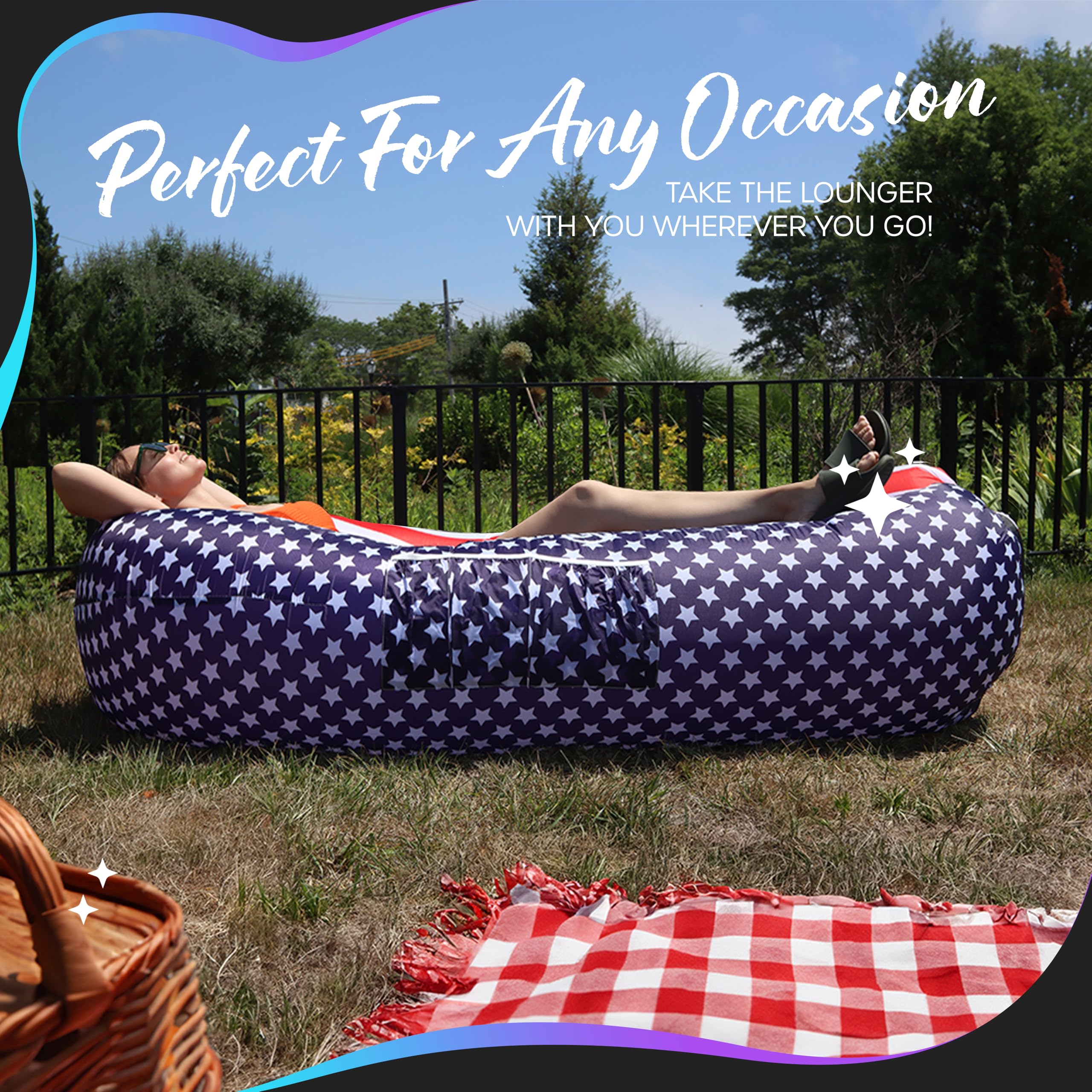 Nevlers Inflatable Lounger - 210T Polyester Portable Air Sofa Bed with 450 lbs Capacity, No Pump Needed, Built-in Pockets & Carry Bag - Perfect for Camping, Beach, Poolside, Backyard & Indoor Use - Inflatable Couch for Adults and Kids