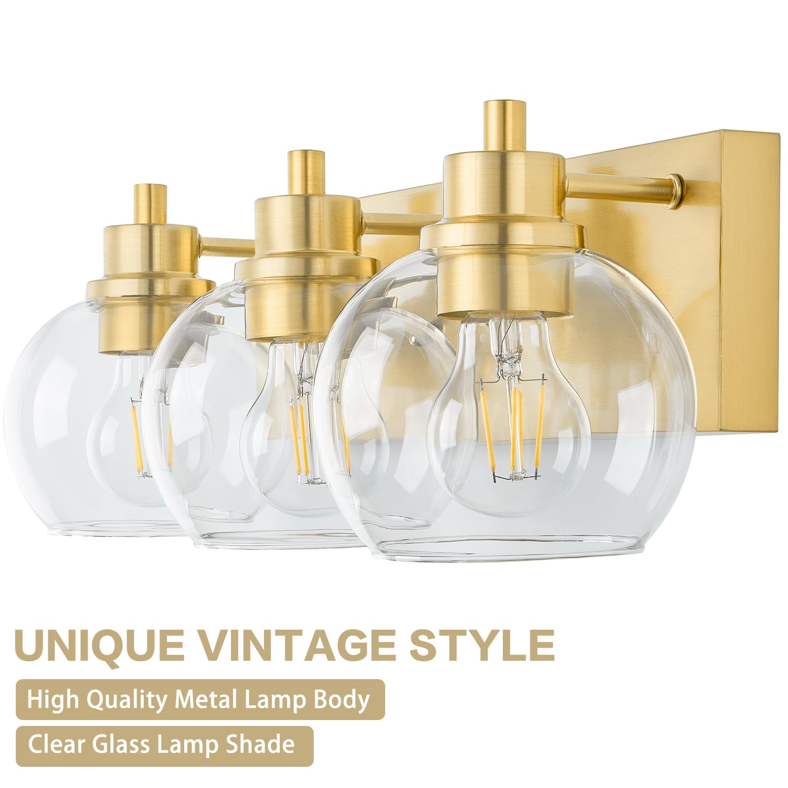 Tuscarora Gold Bathroom Vanity Light - 3-Light Brushed Gold Fixture with Clear Glass Shade for Mirror Lighting | Elegant Bathroom Lighting for Vanity, Dressing Room & Powder Room