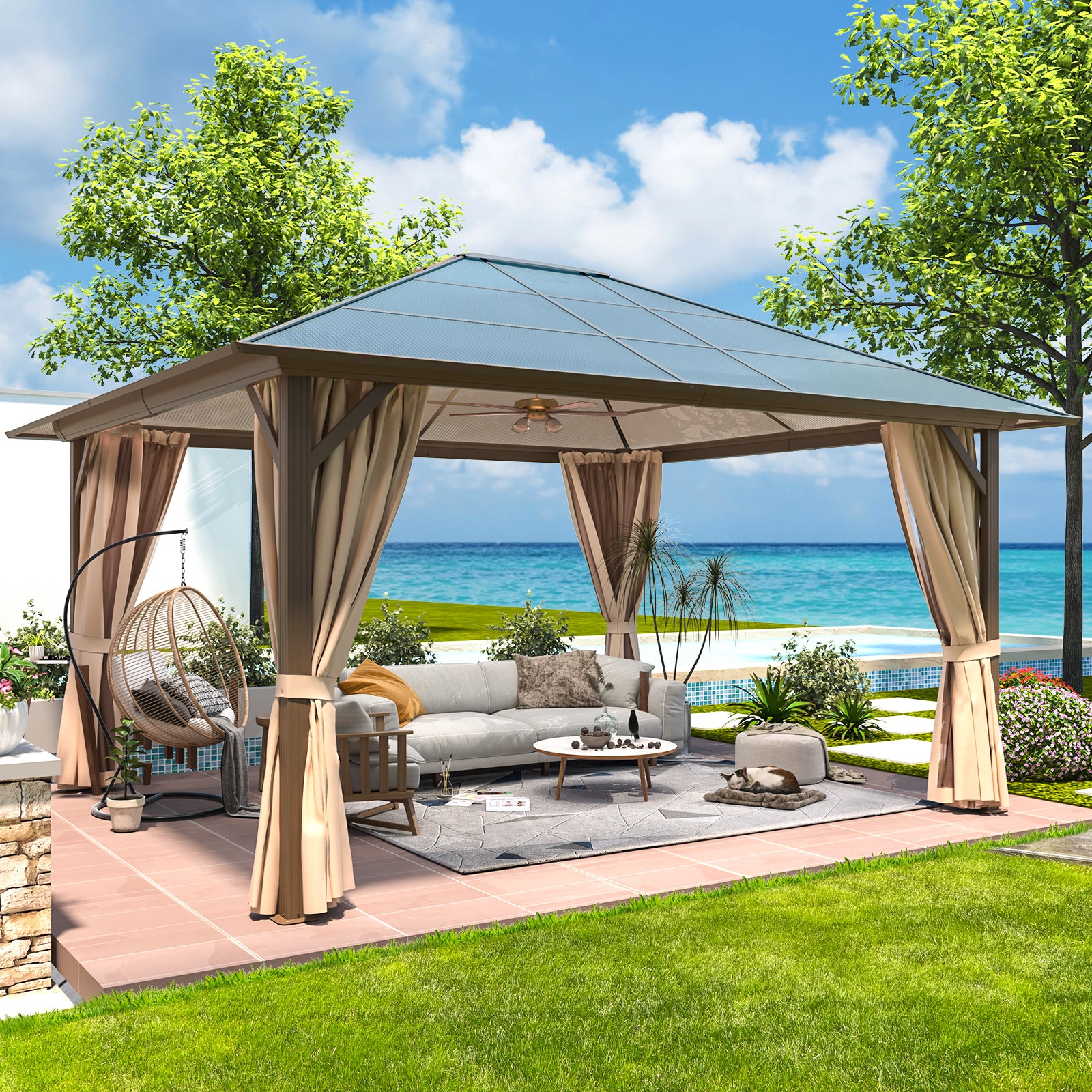 EROMMY 12'x14' Hardtop Gazebo with Polycarbonate Roof - Durable Aluminum Frame Permanent Pavilion Includes Weatherproof Curtains & Mosquito Netting - Perfect for Backyard Patio, Garden Parties & Outdoor Entertaining