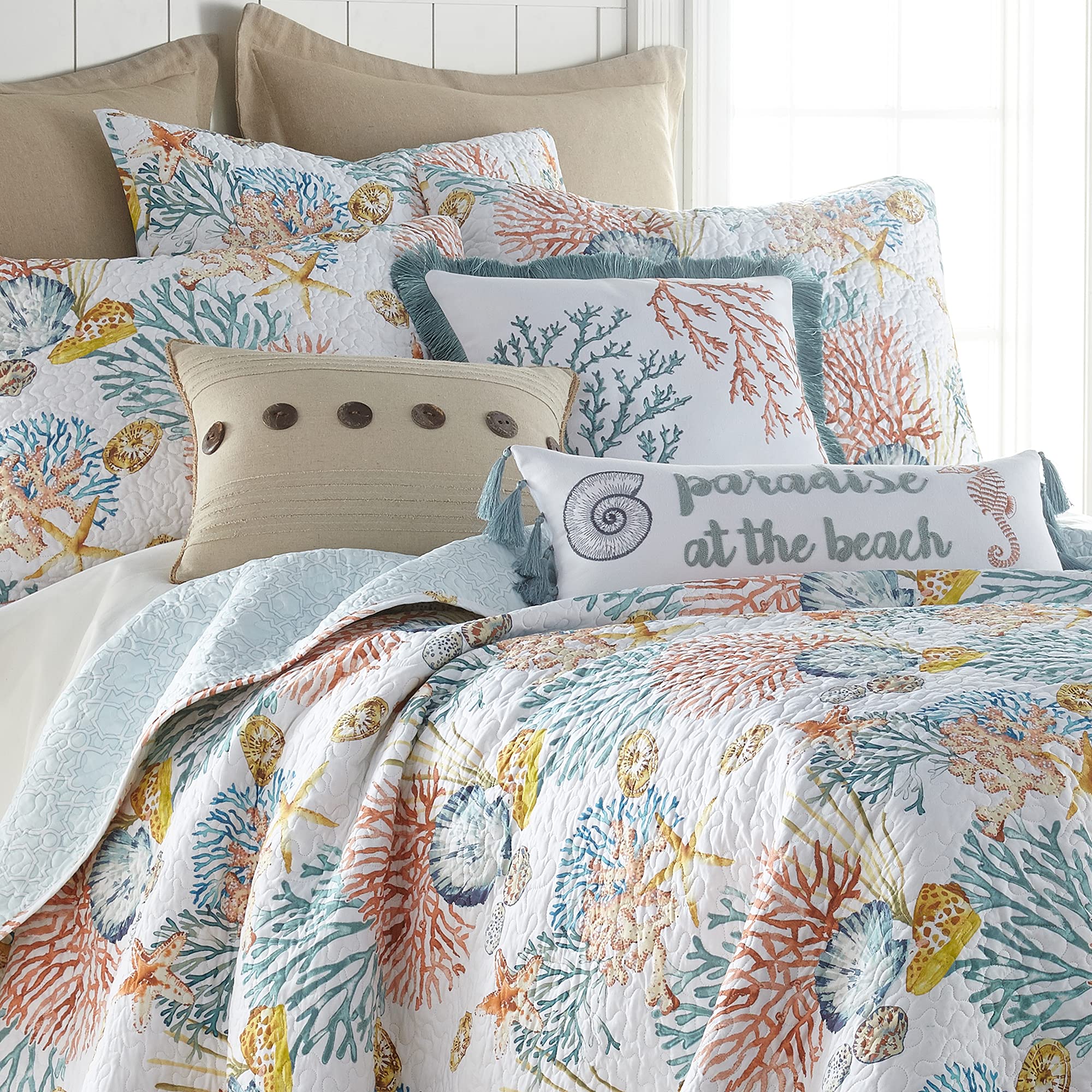 Levtex Home Bay Islands Reversible Quilt Set - Twin/Twin XL Size (68x86in) with 1 Standard Pillow Sham (26x20in) - Coral, Teal, Gold & Taupe Cotton Bedding - Perfect for Guest Rooms, Beach Houses & Coastal Decor
