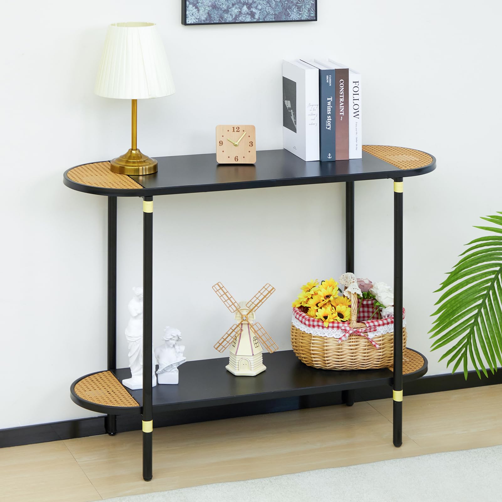 HollyHOME Black Metal Console Table with Rattan Decor - 42.32