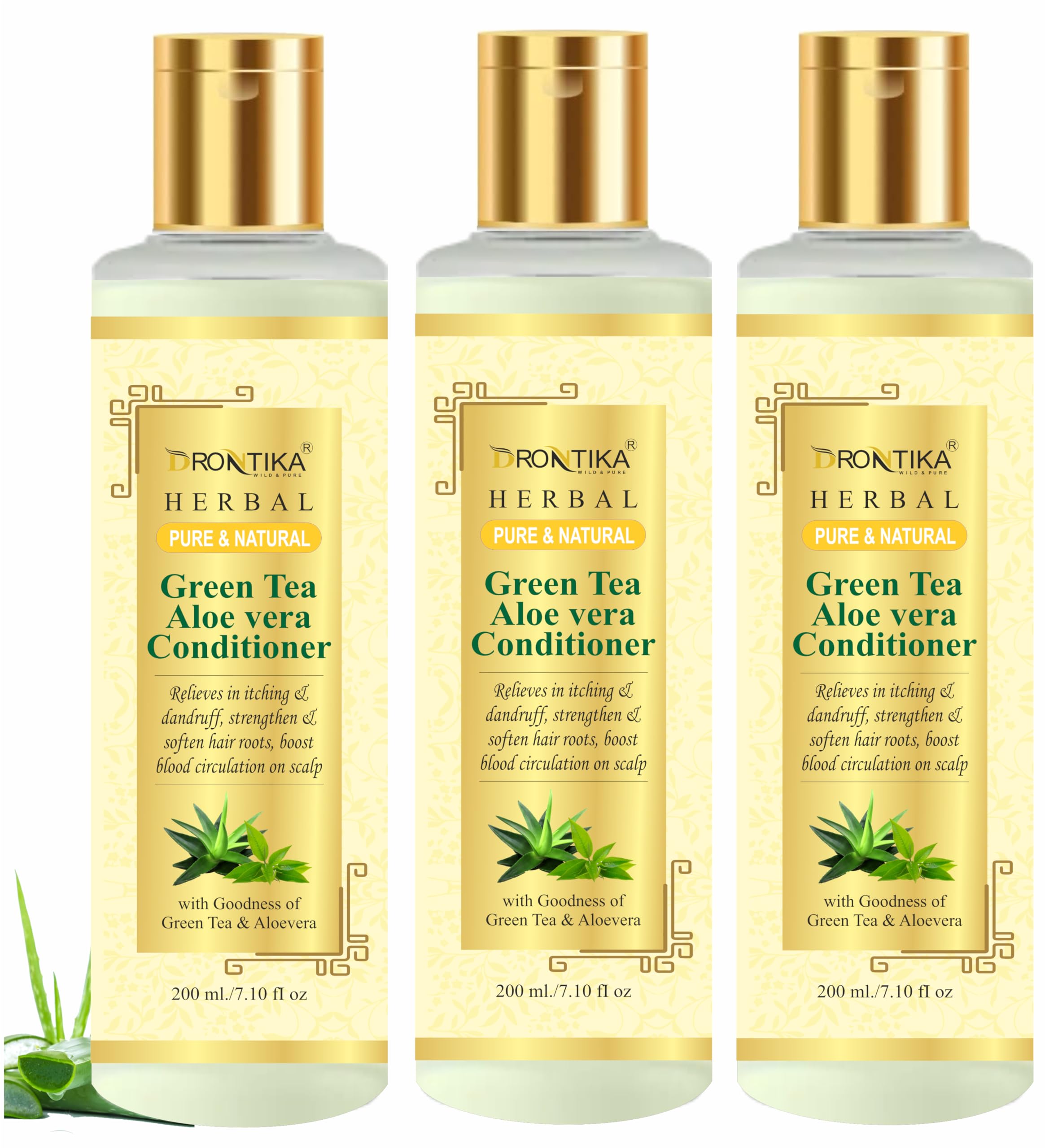 Drontika Pure Herbal Green Tea & Aloe Vera Hair Conditioner - 3 Pack (600ml) for Dry, Damaged Hair - Nourishing & Hydrating Treatment for Smooth, Shiny Hair at Home or Salon
