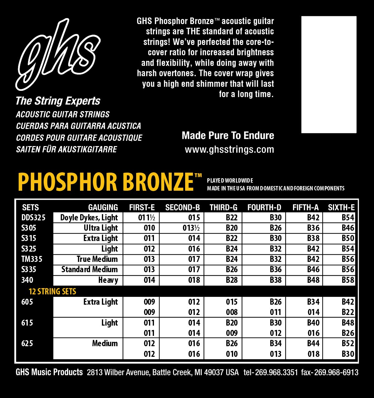 GHS Strings S335-5 Phosphor Bronze Acoustic Guitar Strings - Medium Gauge (13-56) - 6 Pack - Warm Balanced Tone for Folk, Country & Fingerstyle Playing