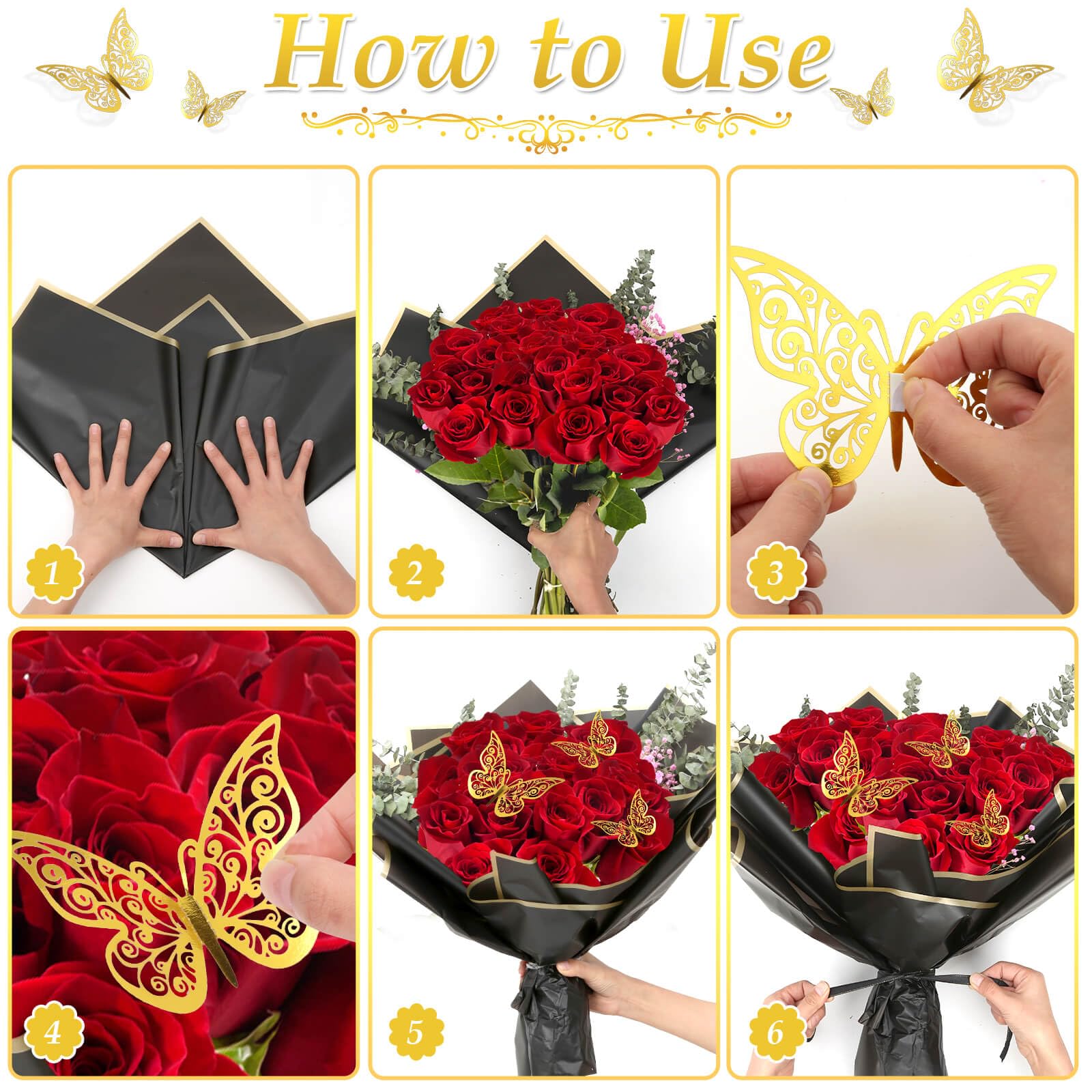 Waterproof Floral Wrapping Paper - 20 Sheets Bouquet Gift Wrap with 3D Butterflies & Ribbons for Wedding, Birthday, Florist Arrangements - Perfect for DIY Flower Bouquets, Gift Packaging and Special Occasions