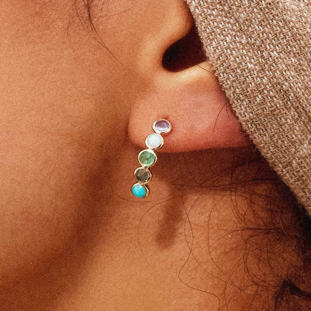 14K Yellow Gold Five Stone Mood Hoop Earrings with Tanzanite, Larimar, Emerald, London Blue Topaz & Turquoise | Coastal Nomad Jewelry for Beach Weddings, Boho Fashion & Everyday Elegance