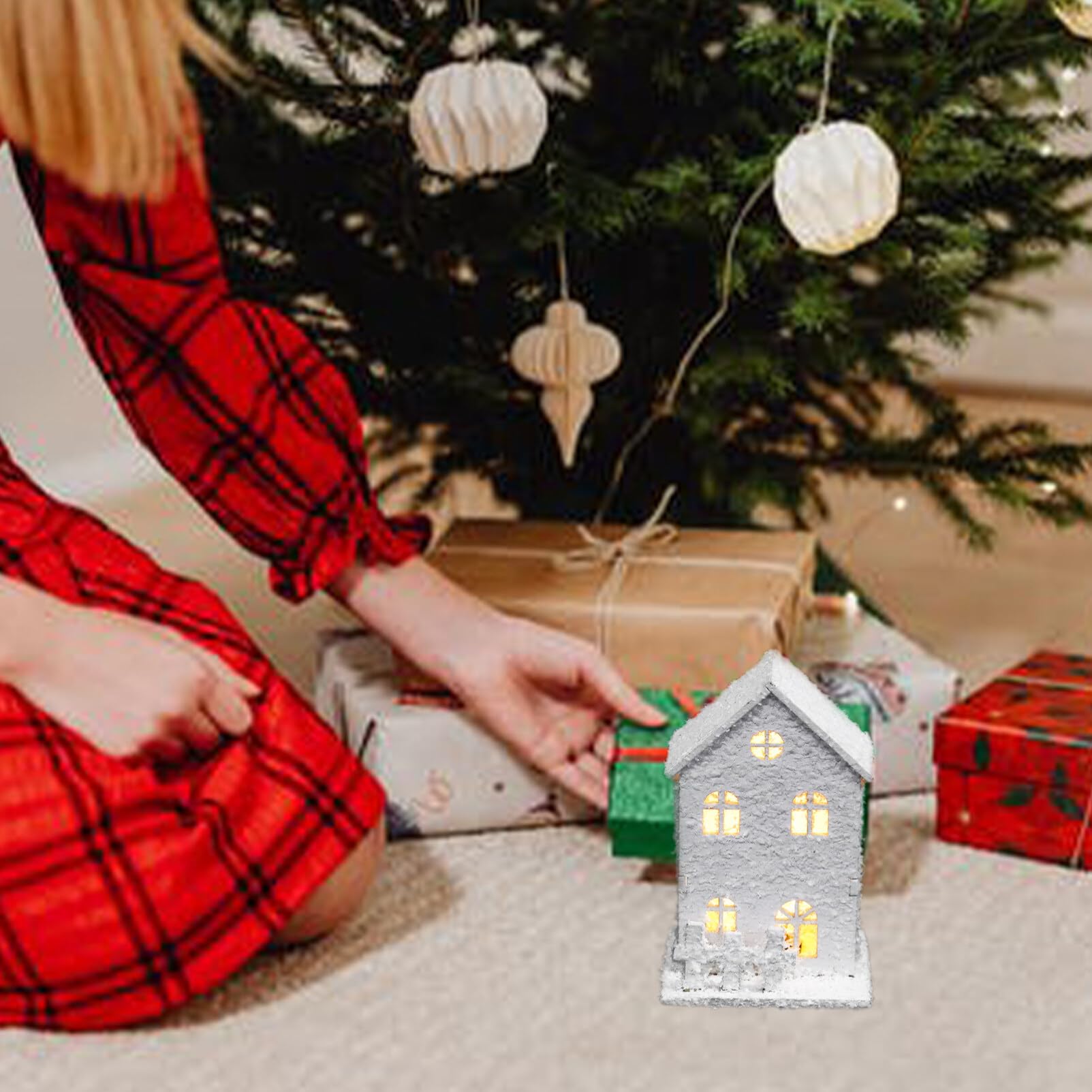 OSALADI 2-Piece Christmas Village House Set with LED Lights - Snowy Winter Village Decor for Holiday Tabletop, Mantel, or Christmas Tree Display