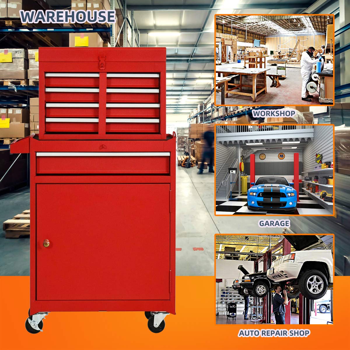 X&T 5-Drawer Rolling Tool Chest Set - Heavy Duty 2-Piece Steel Tool Cabinet Combo with Lockable Drawers & Wheels for Garage, Workshop, Warehouse Organization (Red) | Perfect for Mechanics, DIY Enthusiasts & Professional Tool Storage