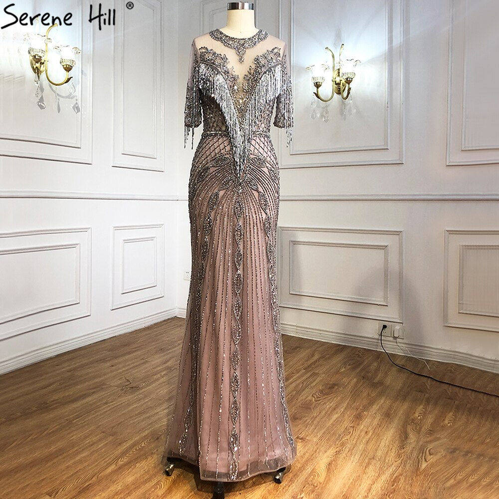 Serene Hill Luxury Grey Mermaid Evening Dresses for Women 2025 - Elegant Beaded Tassel Half Sleeve Gowns for Prom, Party & Formal Occasions - LA70966