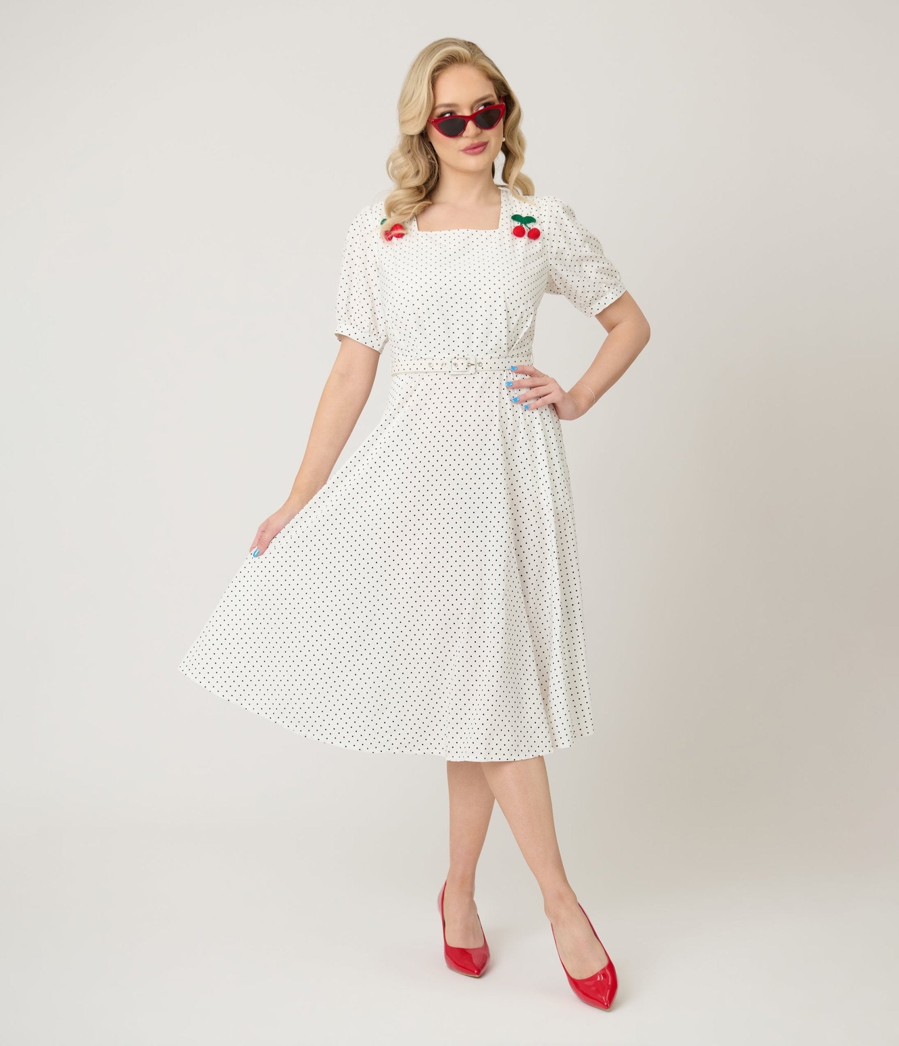Royal Monk White & Black Polka Dot Cherry Danny Sweet Spot Midi Dress - Vintage Inspired Floral Summer Dress for Women, Perfect for Parties, Dates & Casual Outings