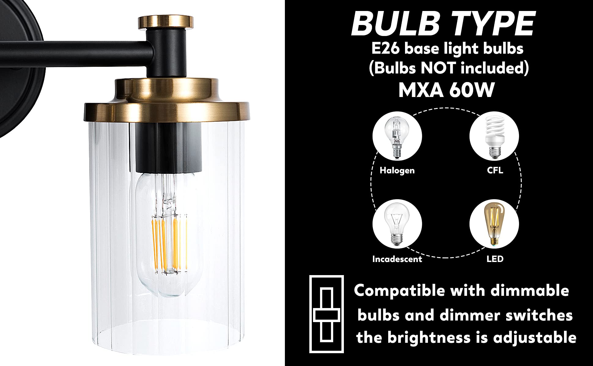 Black and Gold Bathroom Vanity Light Fixture - 4-Light Cylindrical Clear Striped Glass Lampshade with E26 Socket Base - Modern Over Mirror Lighting for Bathroom, Powder Room & Dressing Area