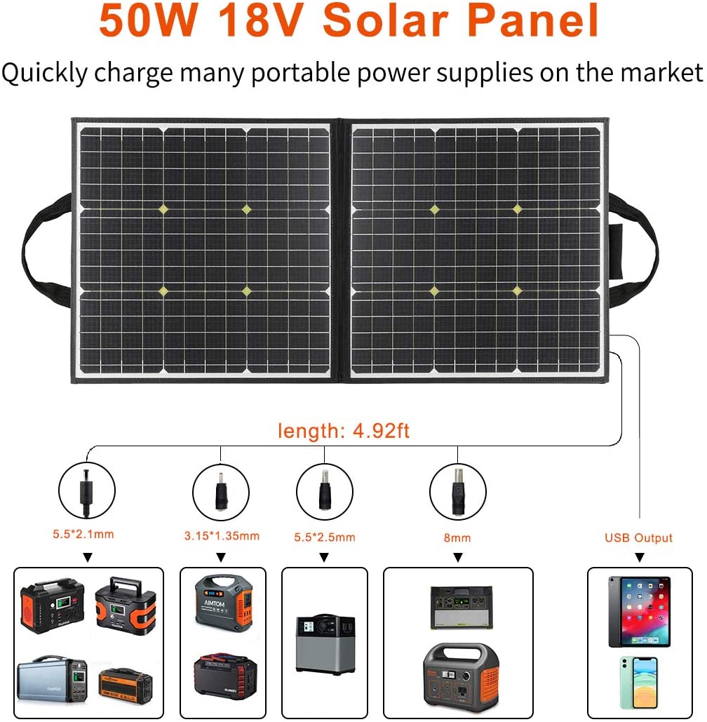 Flashfish 50W 18V Portable Foldable Solar Panel with Dual 5V USB & 18V DC Output - Compatible with Power Stations, Generators, Smartphones, Tablets - Perfect for Camping, RV Trips, and Emergency Power Backup