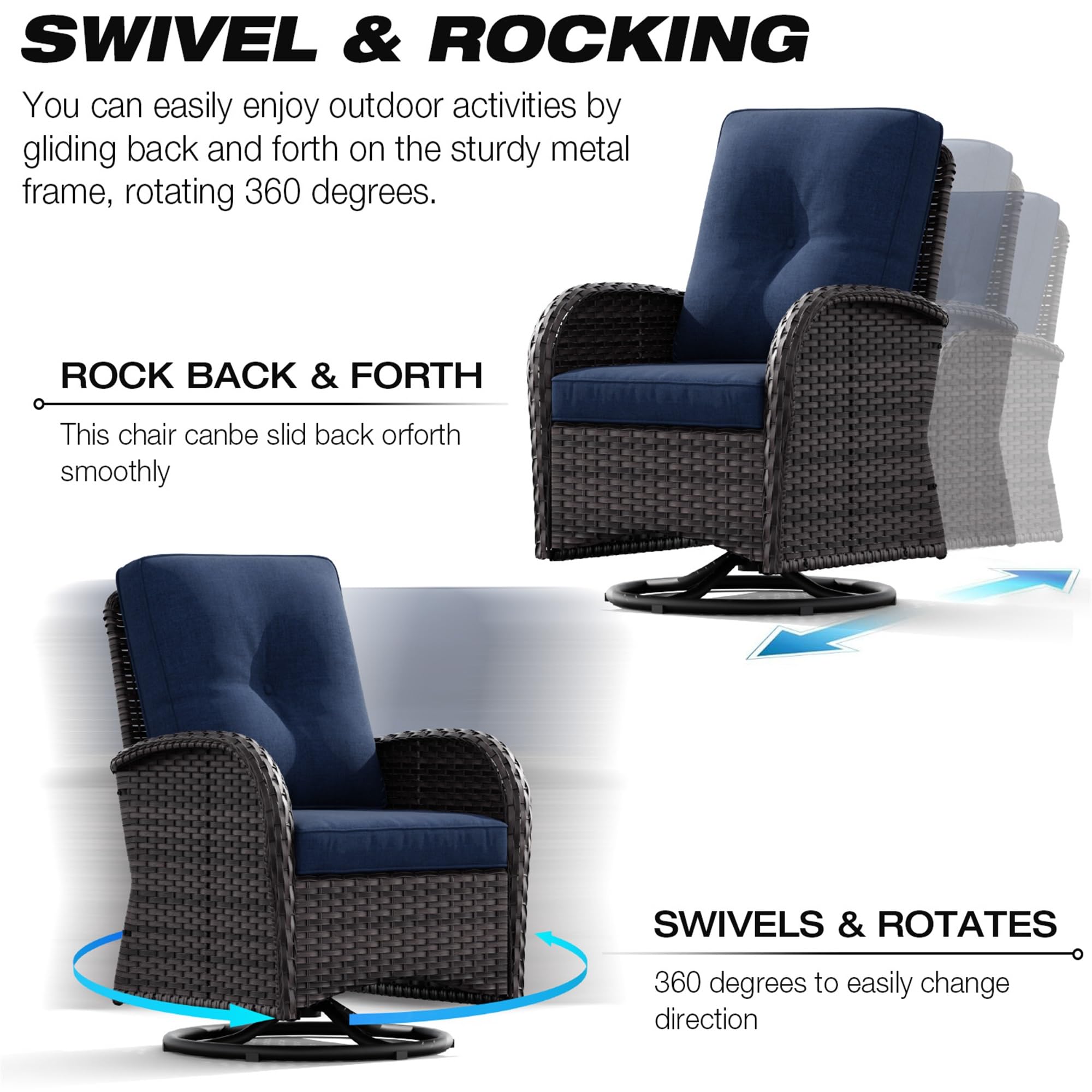 Joyside 3-Piece Patio Swivel Rocking Chair Set - 2 Wicker Swivel Rockers with Side Table, Outdoor Furniture for Porch, Deck & Garden (Brown/Blue) - Perfect for Relaxing, Entertaining & Sunbathing