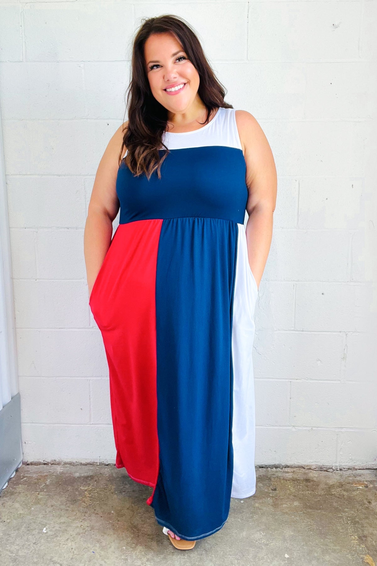 American Flag Color Block Fit & Flare Maxi Dress for Women - Perfect for 4th of July, Memorial Day & Patriotic Events