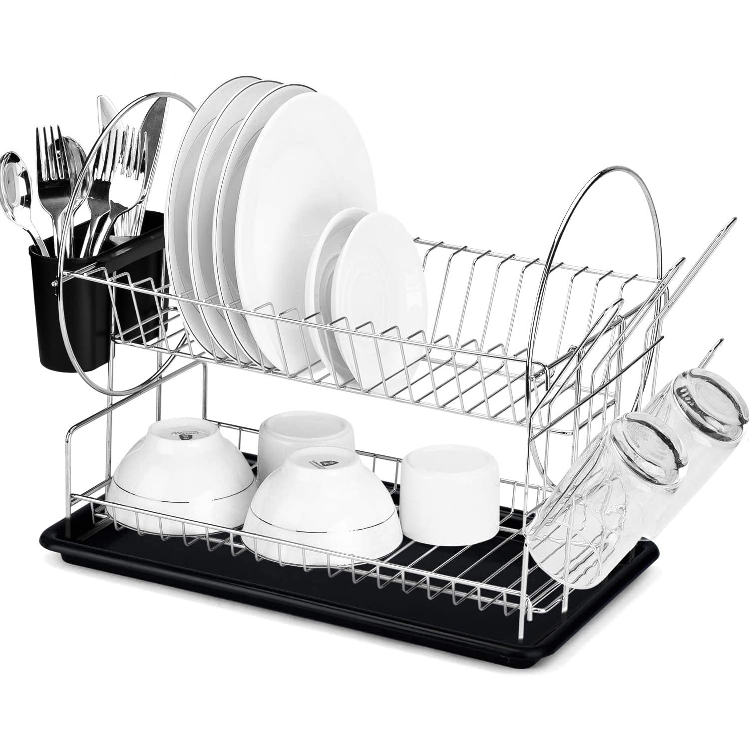 2-Tier Chrome Dish Drying Rack with Utensil Holder & Cup Drainer - Space Saving Kitchen Countertop Organizer (15