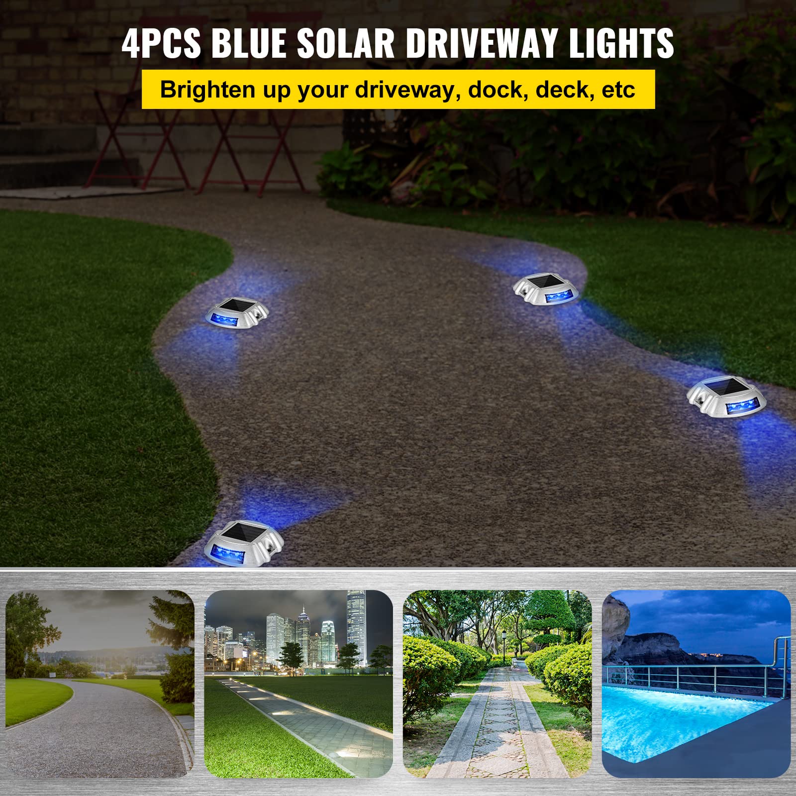 Vevor Solar Driveway Lights 4-Pack - 6 LED Bright Blue Outdoor Solar Deck Lights with Screw for Path, Garden, Walkway, Sidewalk & Steps - Perfect for Nighttime Safety and Landscape Lighting