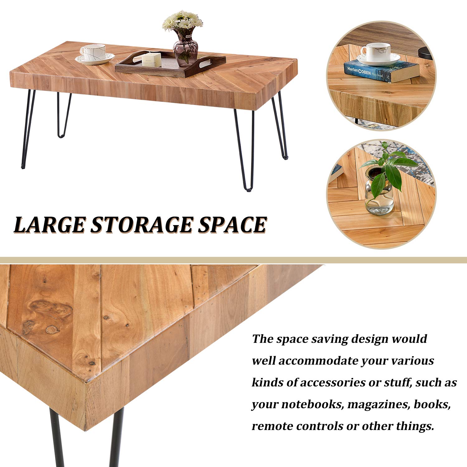 Modern Industrial Coffee Table with Metal Hairpin Legs & Glossy Finish - Easy Assembly Living Room Cocktail Table for Home, Office & Lounge Decor