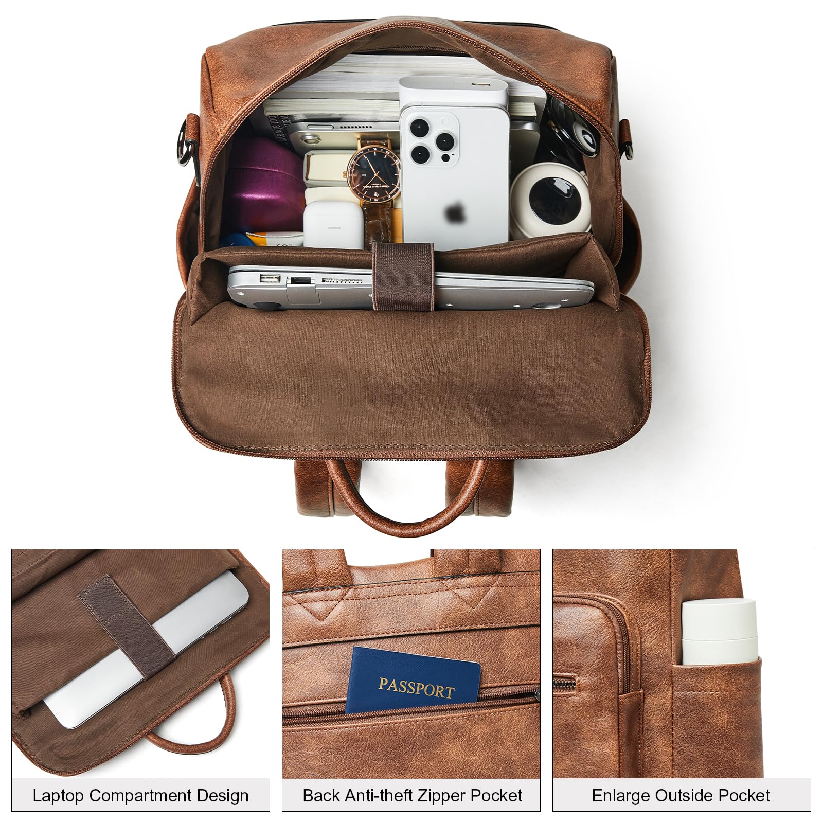Shrrie 15.6 Inch Women's Laptop Backpack - Large Leather Travel Bag, Water Resistant Work Backpack for College, Office & Commuting - Two-Toned Brown - Perfect for Business Trips, School & Daily Use