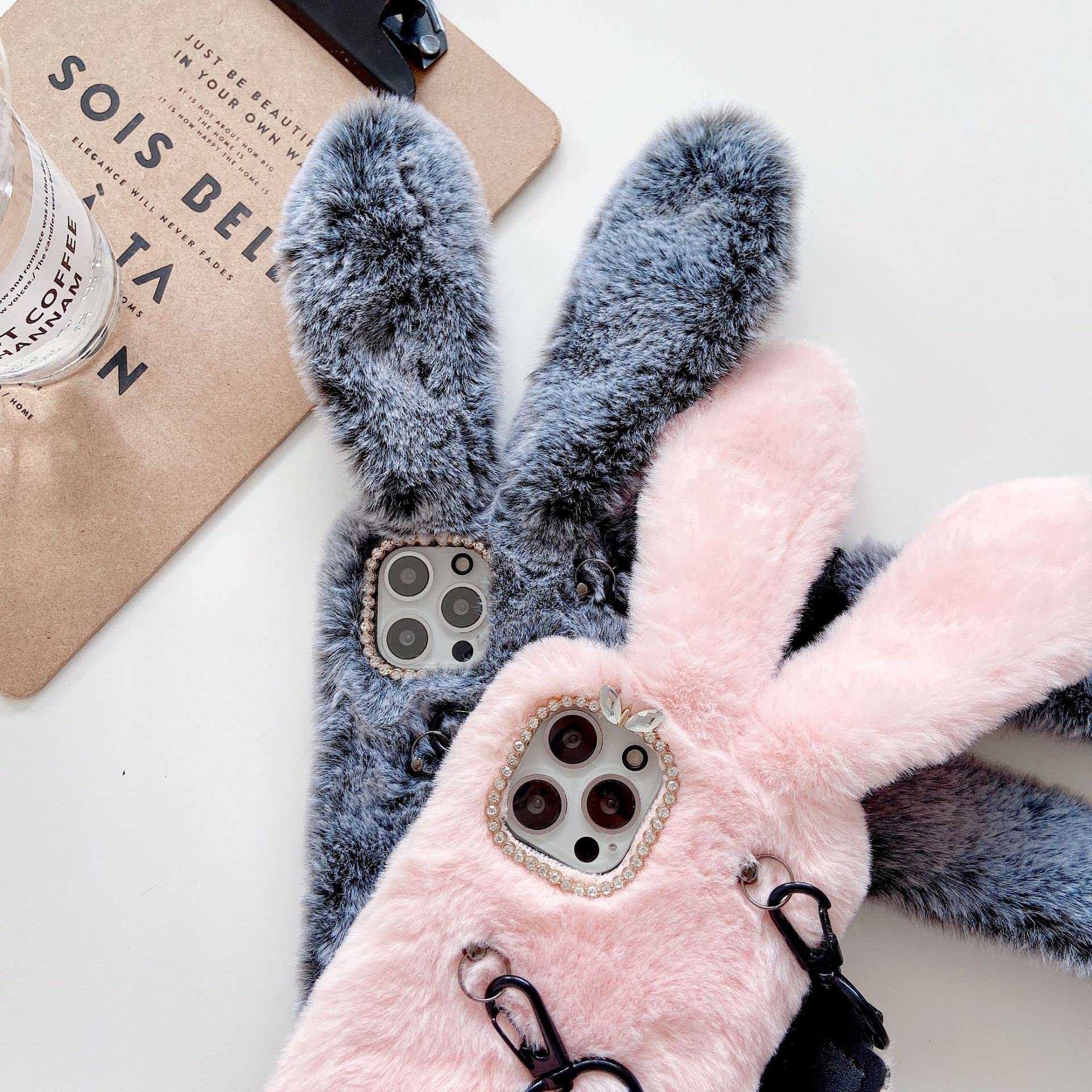 Fluffy Bunny Phone Case for iPhone 11 - Soft Furry Rabbit Cover with Crossbody Lanyard, Cute Cartoon Plush Protective Case for Women & Girls, Warm Winter Phone Accessory (Brown) | Perfect Gift for Birthday, Christmas & Daily Use