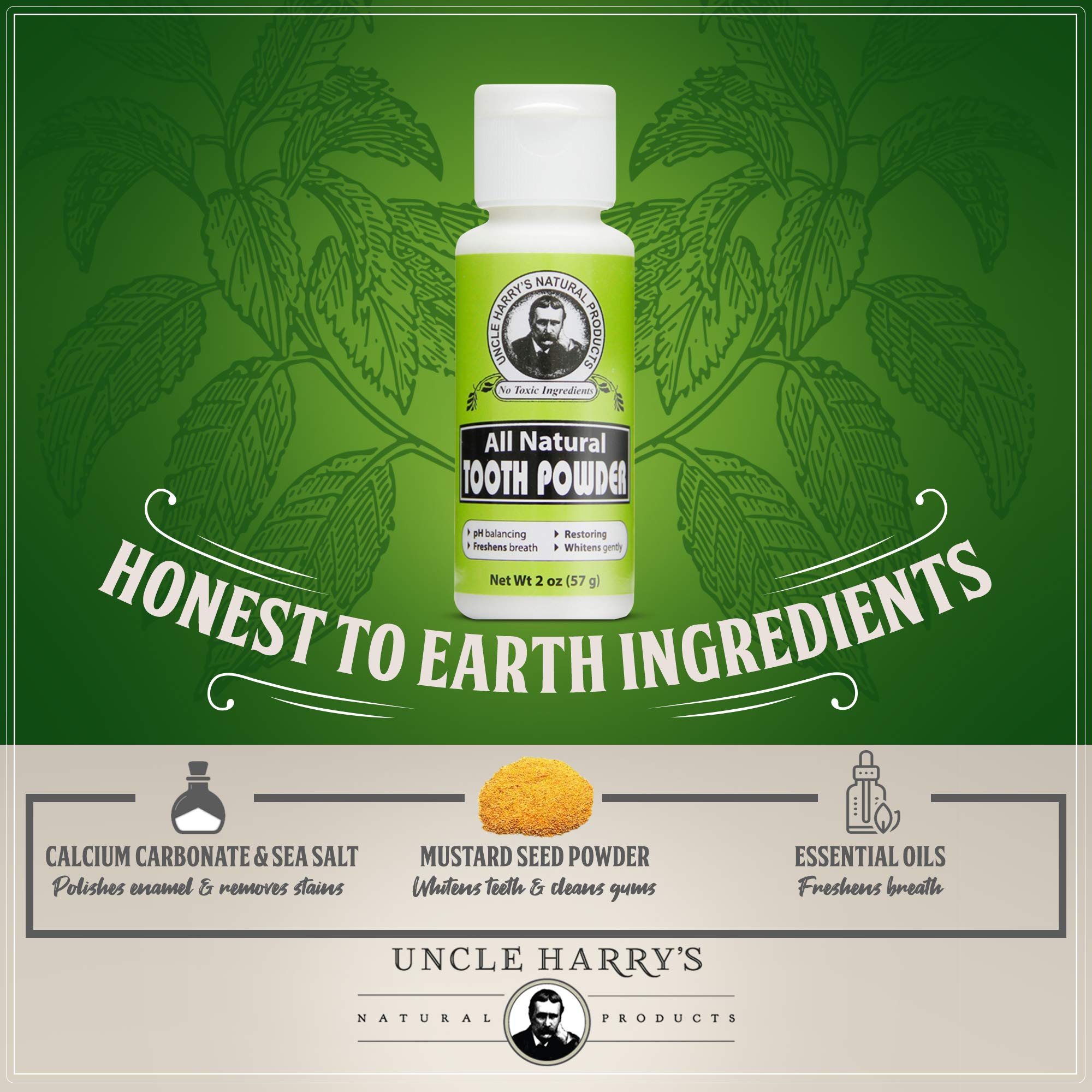 Uncle Harry's All Natural Tooth Powder - Alkalizing Remineralizing Enamel Support & Whitening Toothpaste for Sensitive Teeth - Powder Toothpaste for Gum Health & Fresh Breath (2 oz) | Natural Oral Care for Daily Use at Home & Travel