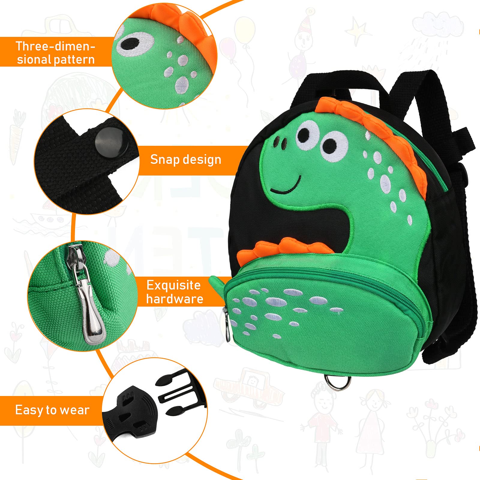 Dinosaur Kids Backpack Leash for Toddlers 1-5 Years - Anti-Lost Wrist Link & Adjustable Harness for Boys & Girls - Perfect for Travel, Shopping & Outdoor Adventures (Black Dinosaur Design)
