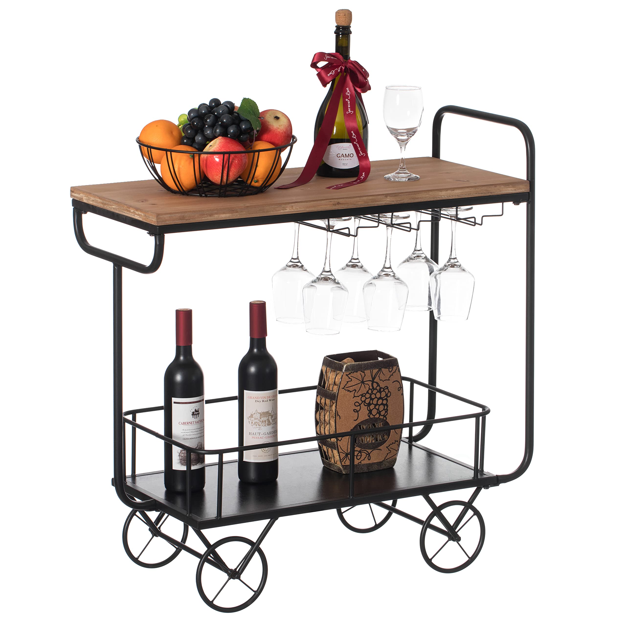 Vintage Metal Wine Bar Serving Cart with Rolling Wheels, Glass Holder & Wine Rack - Perfect for Home Bar, Kitchen, Dining Room & Outdoor Entertaining