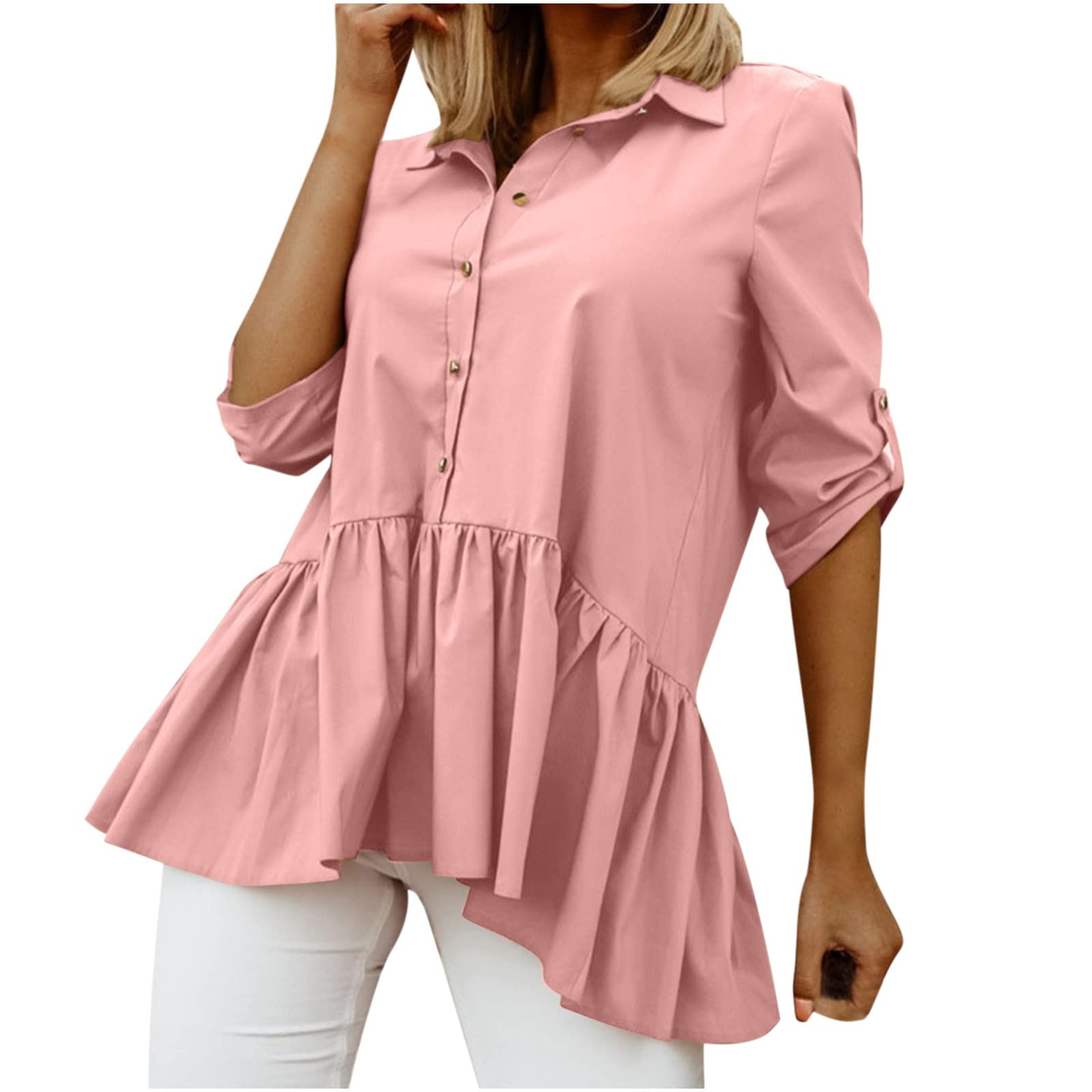 Women's Summer Tops - Turndown Collar Half-Sleeve Tunic Shirts, Loose Pleated Work Button Blouse | Office Wear, Casual Outfits & Vacation Style