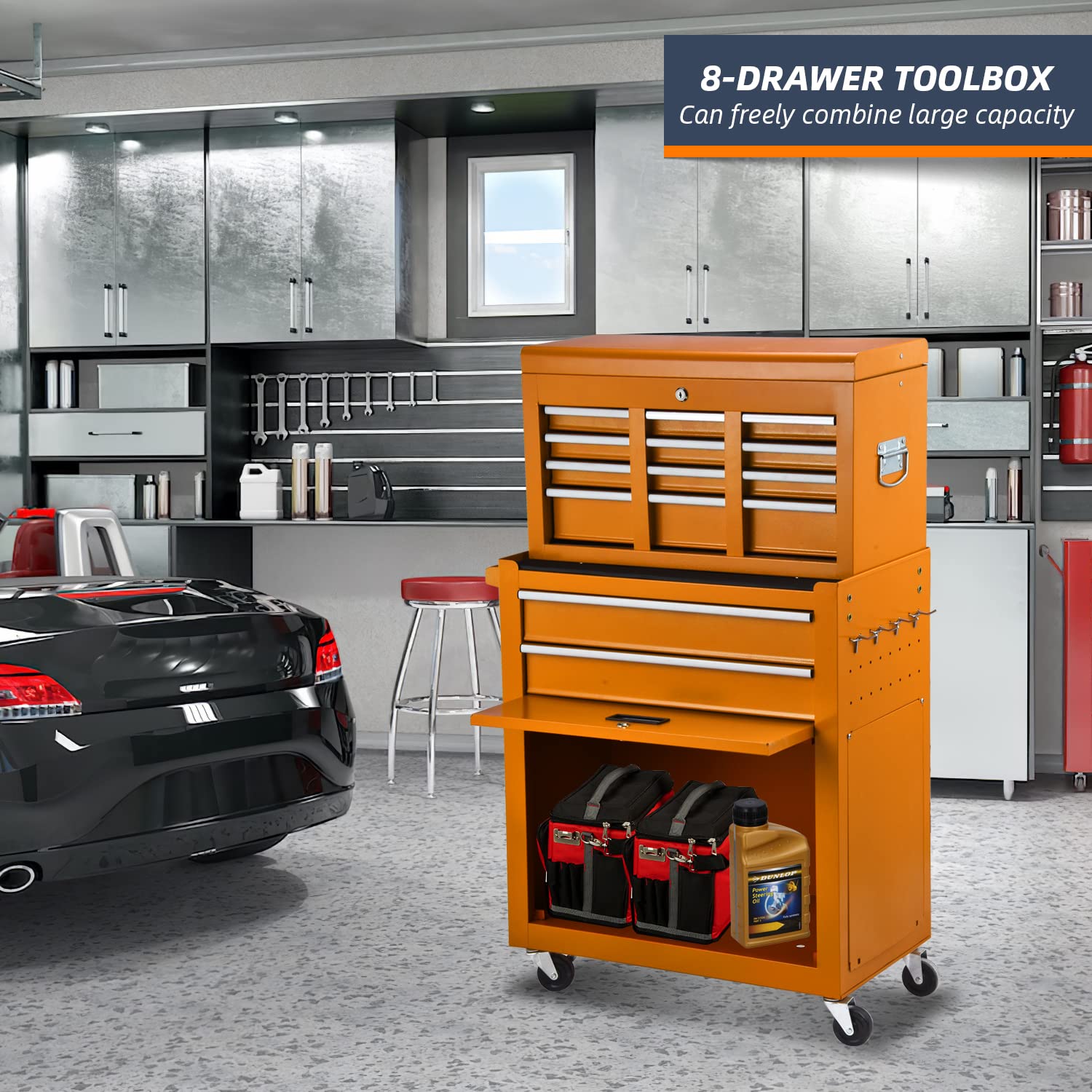 8-Drawer High Capacity Rolling Tool Chest with Lock - Heavy Duty Tool Storage Cabinet on 4 Wheels, Sliding Drawers & Removable Portable Tool Box for Garage, Workshop & Warehouse (Orange) - Perfect for Mechanics, DIY Projects & Professional Tool Organization