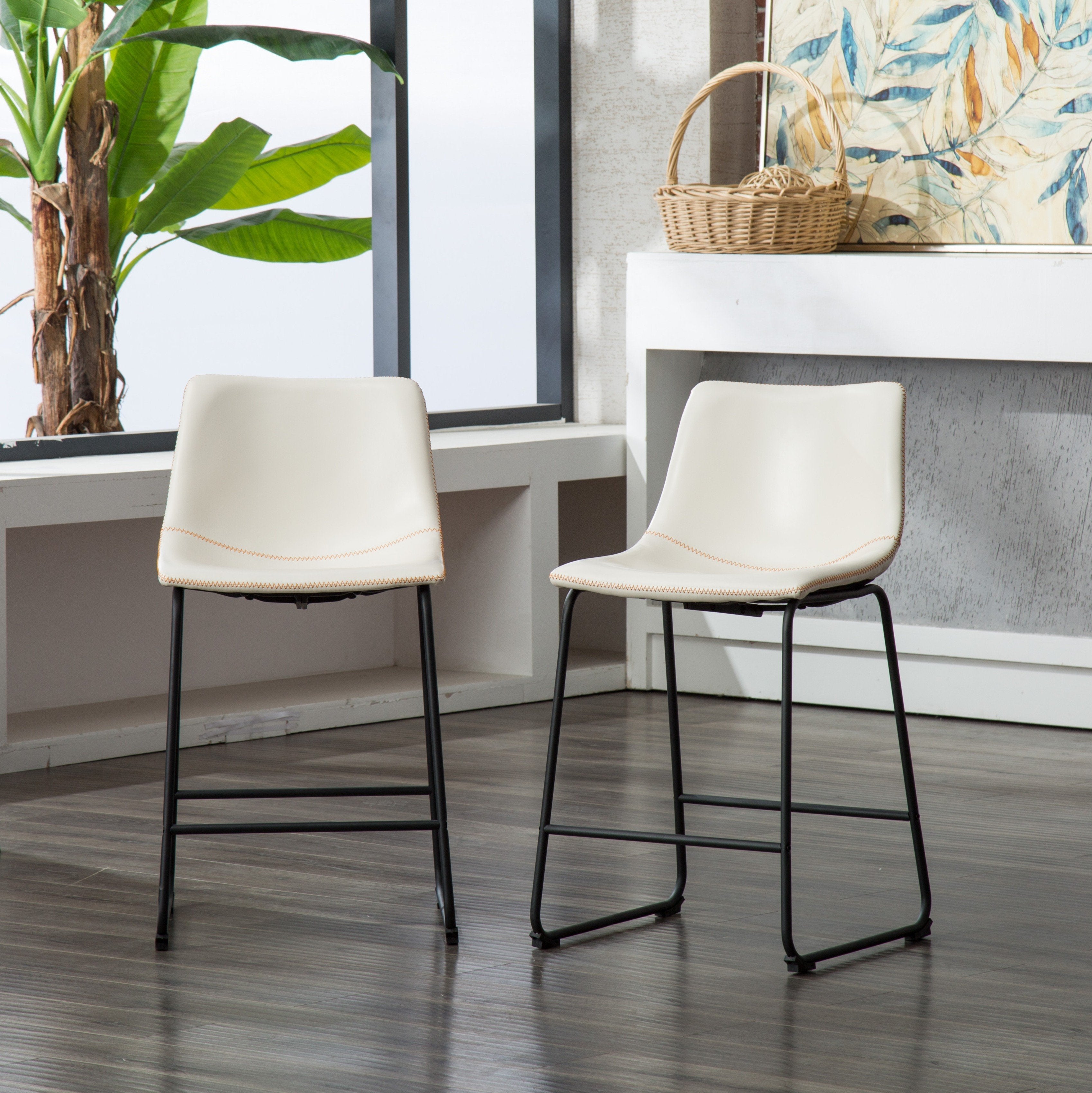Vintage PU Leather Counter Height Bar Stools, Set of 2 - White Roundhill Furniture Lotusville - Perfect for Kitchen Islands, Breakfast Bars & Home Decor
