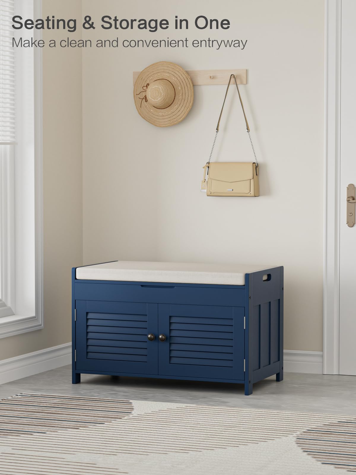 Knowlife Shoe Storage Bench with Cushioned Seat & Lift Top - 2 Door Entryway Shoe Rack with Adjustable Shelves - Perfect for Hallway, Mudroom, Living Room & Bedroom Organization - Blue Home Furniture