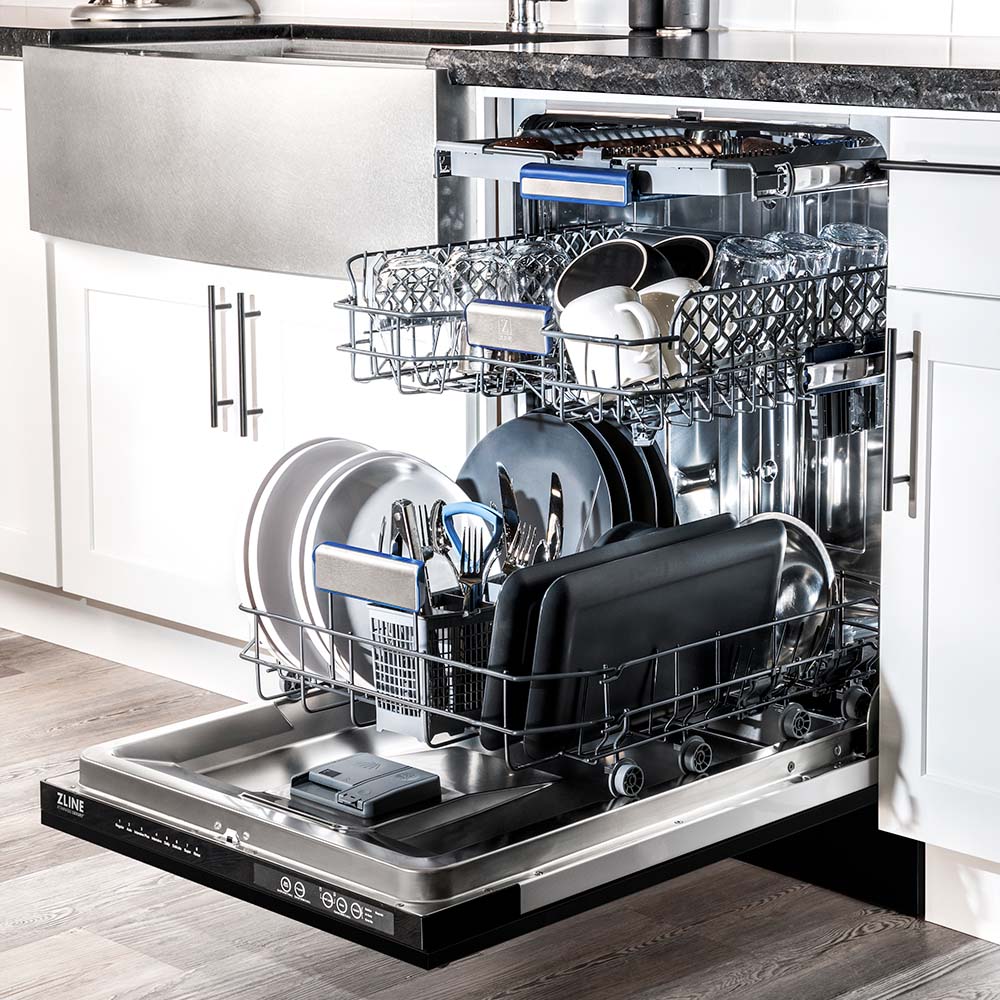ZLINE 24 Inch Tallac Series 3rd Rack Dishwasher - Black Matte Panel & Traditional Handle, 51dBa Ultra Quiet (DWV BLM 24) | Perfect for Modern Kitchens, Small Spaces & Energy-Efficient Homes