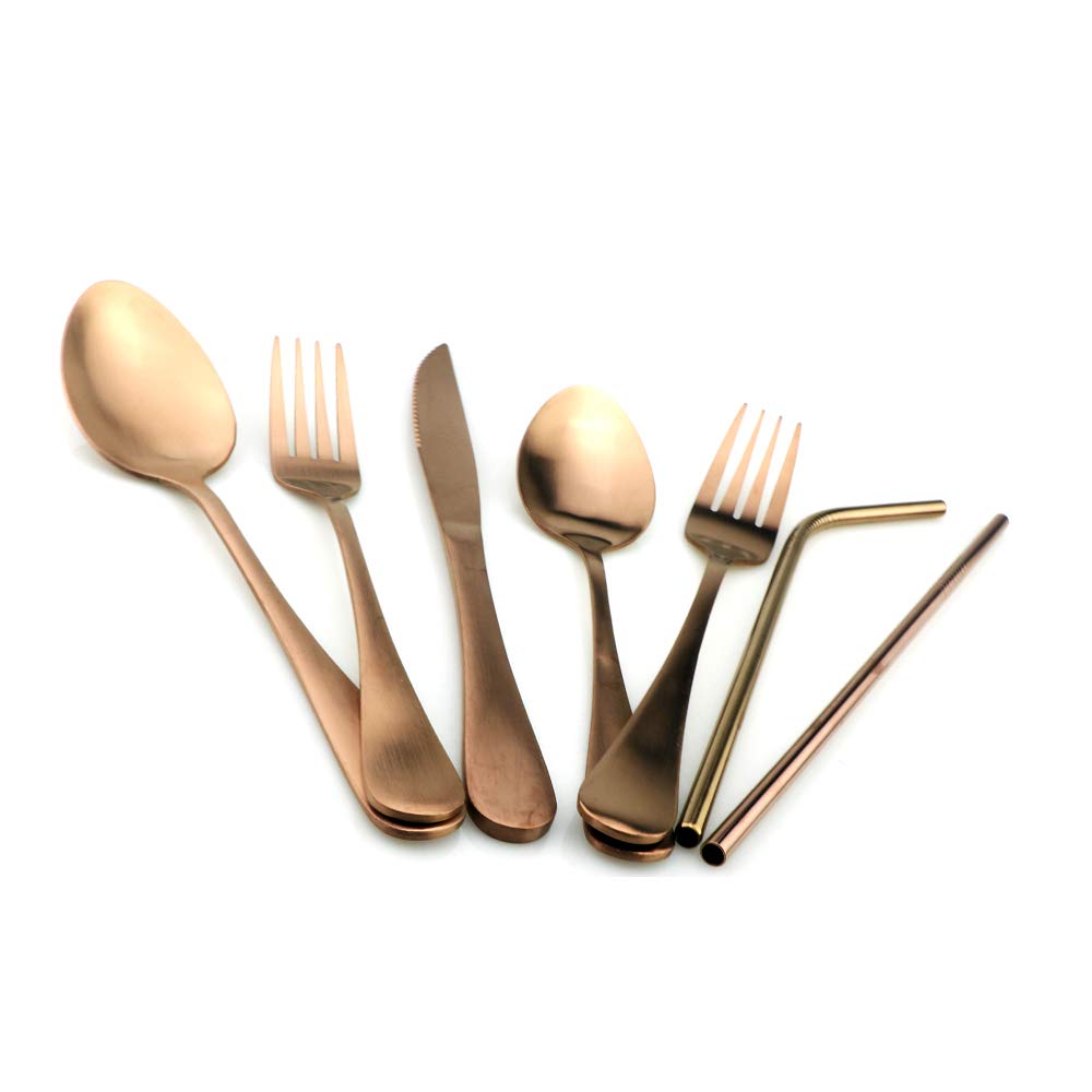 **Rose Gold Reusable Utensils Set with Travel Case – Portable Stainless Steel Cutlery (Knife, Fork, Spoon, Straw, Chopsticks) – Matte Finish for Camping, Hiking, Office Lunch & School Meals**