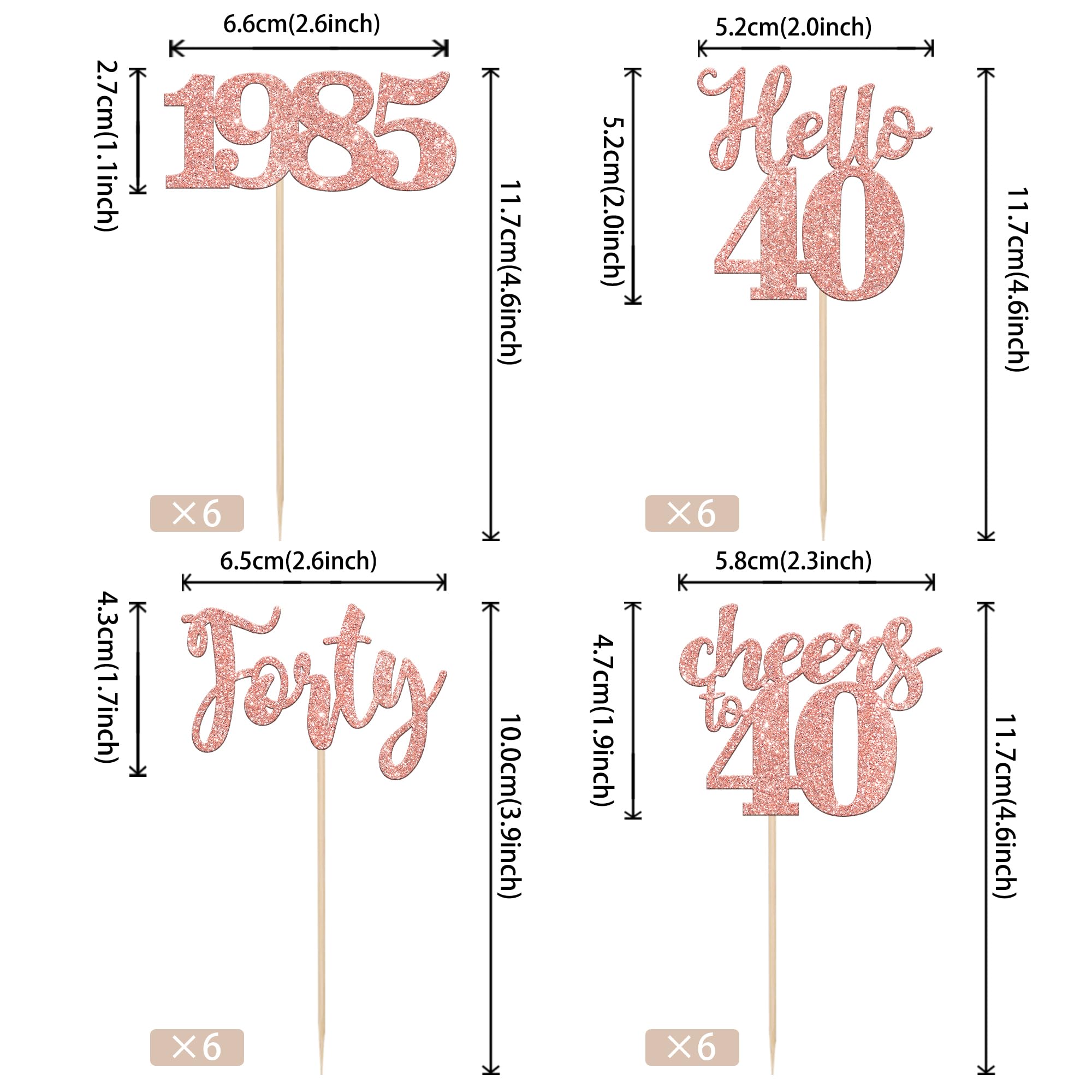 24 PCS Glitter 40th Birthday Cupcake Toppers - Rose Gold 