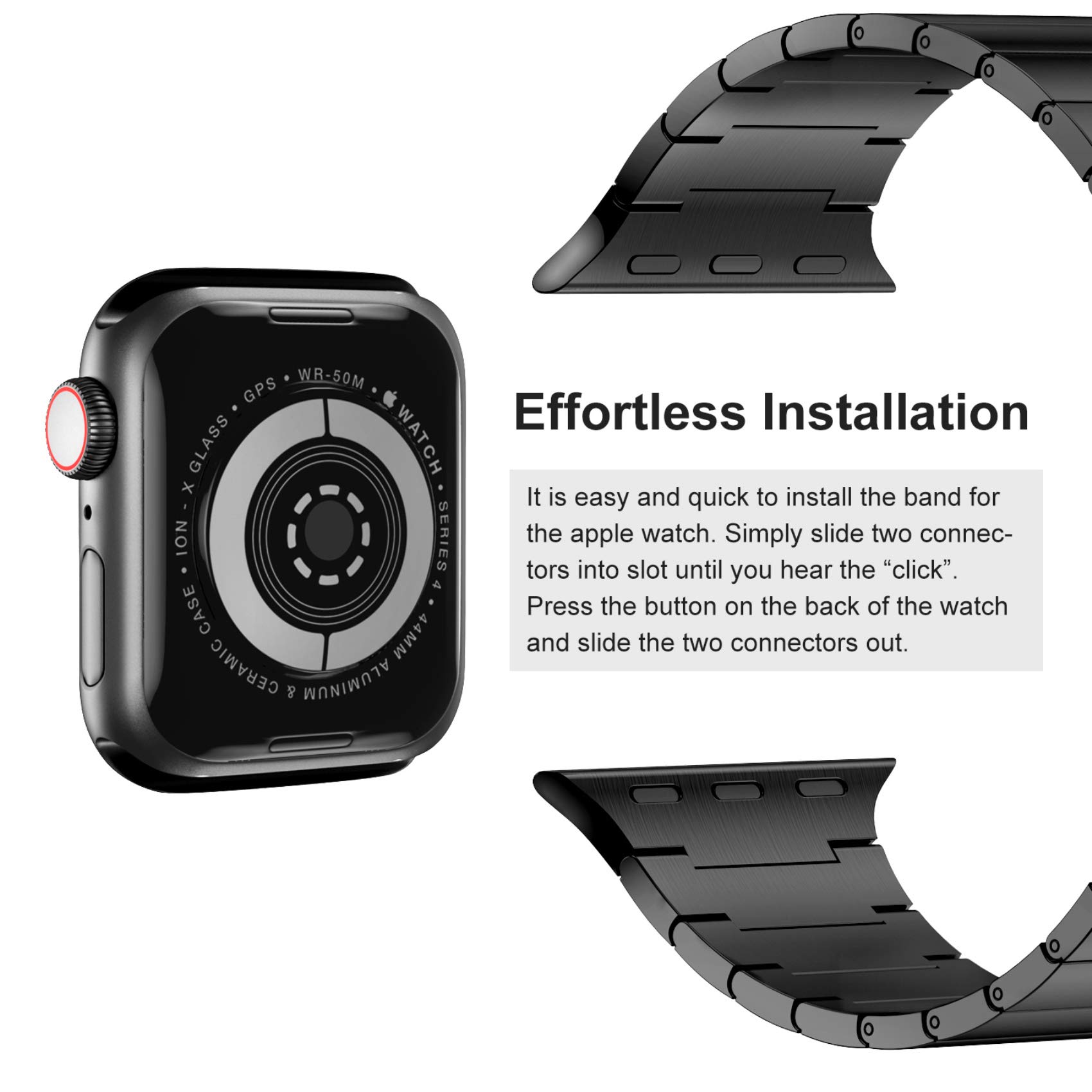 Fitlink Upgraded Stainless Steel Metal Watch Band for Apple Watch Series 6/5/4/3/2/1/SE - 42mm 44mm Black - Premium Replacement Strap for Workout, Office & Daily Wear