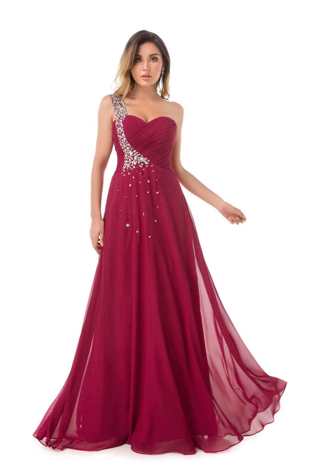 Elegant One Shoulder Chiffon Bridesmaid Dress with Crystal Beading - Long Formal Evening Gown for Weddings, Prom & Special Occasions