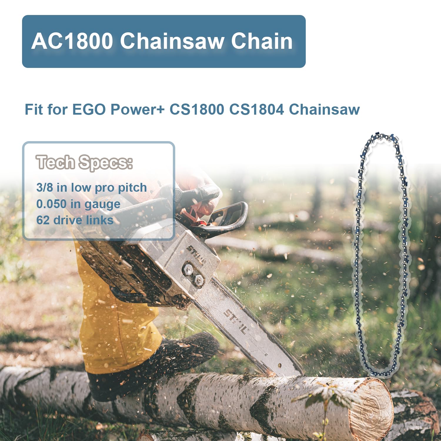 3 Pack EGO Power+ CS1800 CS1804 18-Inch Chainsaw Replacement Chain - 62 Drive Links, Safe & Durable for Wood Cutting, Tree Trimming, and Yard Maintenance