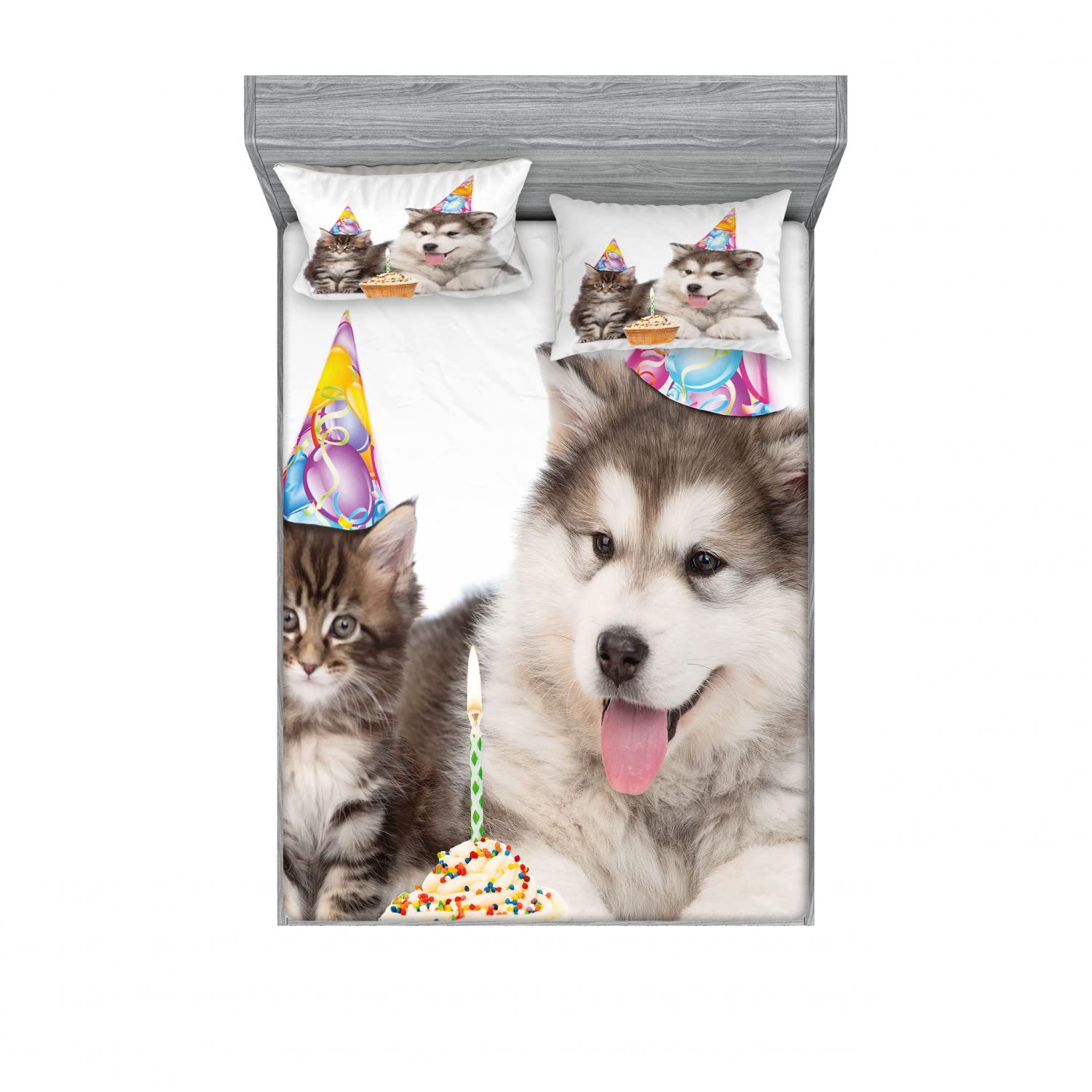 Ambesonne Birthday 2-Pack Queen Size Fitted Sheet & Pillow Sham Set - 2 Fitted Sheets & 4 Pillow Covers - White and Brown Party Bedding Decor for Birthday Celebrations & Room Makeover