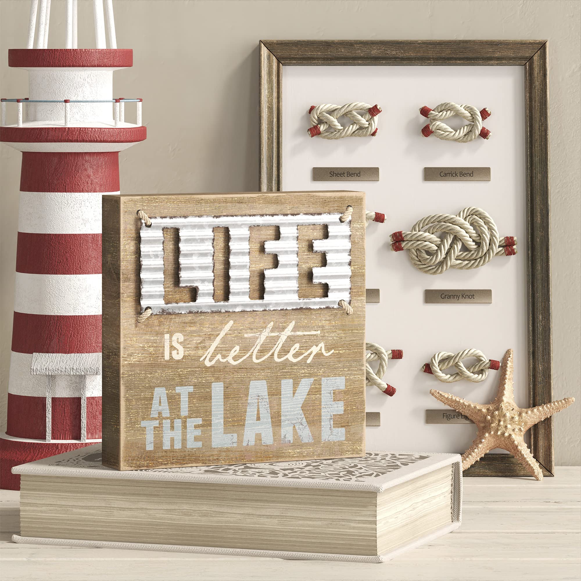 Barnyard Designs 'Life Is Better At the Lake' Wooden Box Sign - 5x5 Inspirational Desk Decor for Office, Bathroom Shelf, or Home - Motivational Gift for Women, Rustic Farmhouse Decor