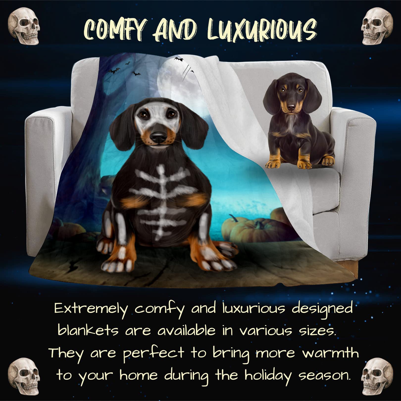 Halloween Trick or Treat Dachshund Dog Skeleton Blanket - Lightweight Super Soft Cozy Throw for Couch, Sofa & Bed - Durable Animal Theme Fuzzy Blanket (50x60 Woven) - Perfect for Halloween Decor, Pet Lover Gift & Cozy Movie Nights