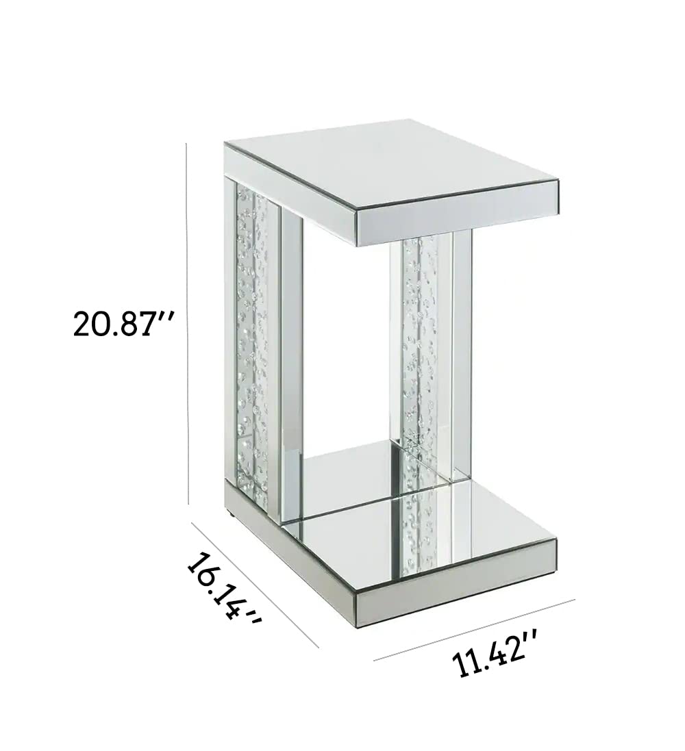 Mirrored C-Shaped End Table with Crystals - Accent Side Table for Sofa & Couch, Small Space Living Room & Bedroom Decor - Perfect for Holding Drinks, Books & Decor Items