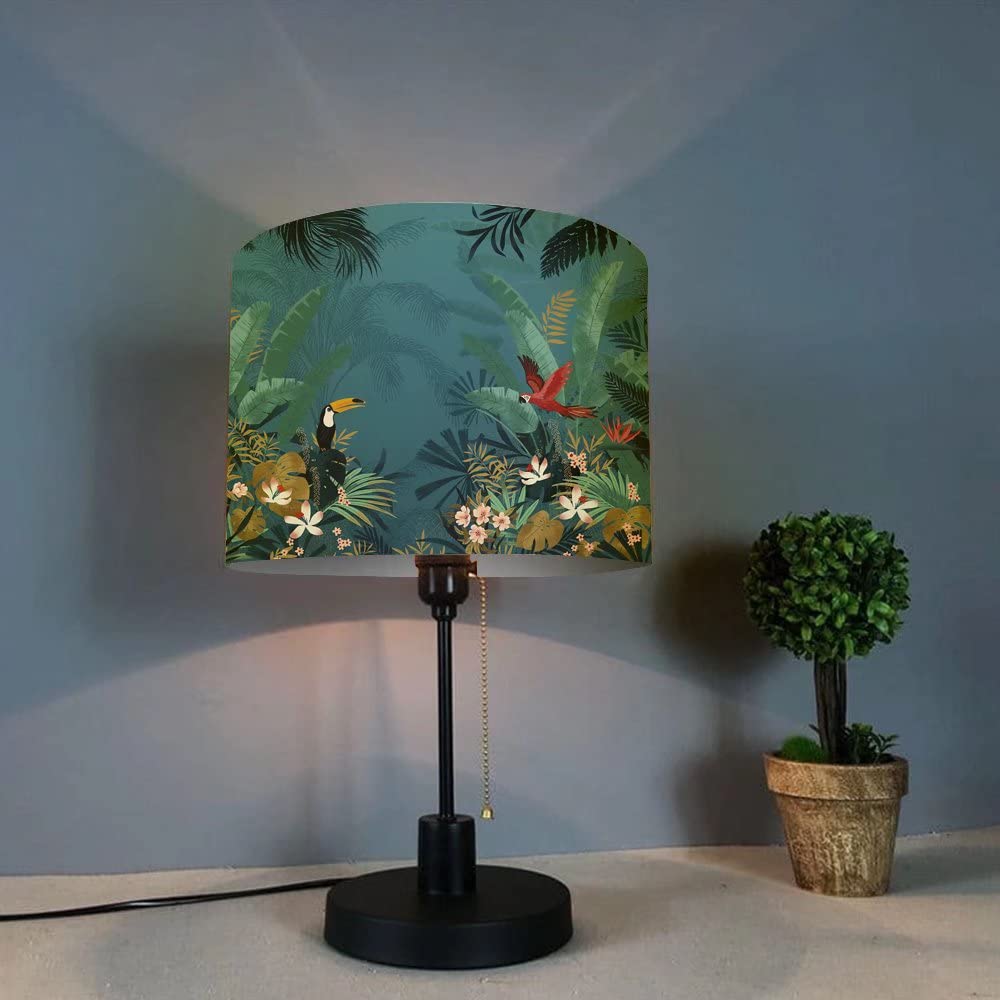 Tropical Forest Cylinder Lamp Shade with Bird & Floral Design - Natural Linen Fabric Drum Ceiling Light Cover for Table & Desk Lamps - Perfect for Living Room, Bedroom & Home Decor - Creates Cozy Ambiance for Relaxation & Reading