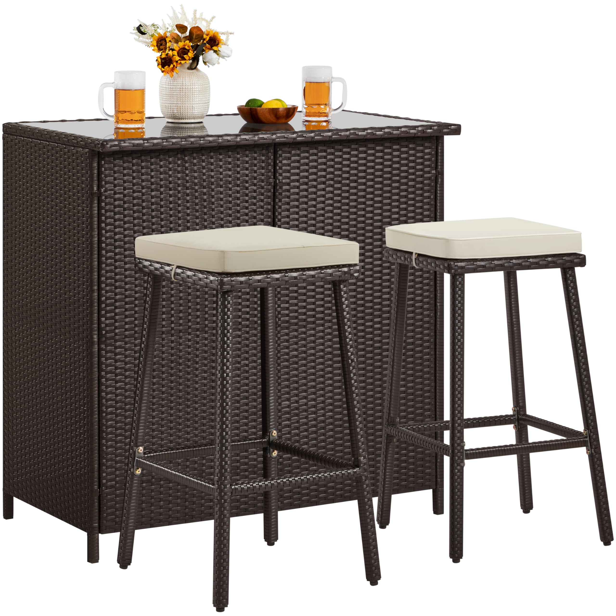 Yaheetech 3-Piece Outdoor Bar Set with 2 Stools - Wicker Patio Furniture with Glass Top Table, Storage Shelves & Cushions - Brown/Khaki - Perfect for Backyard, Garden, Poolside & Outdoor Entertaining